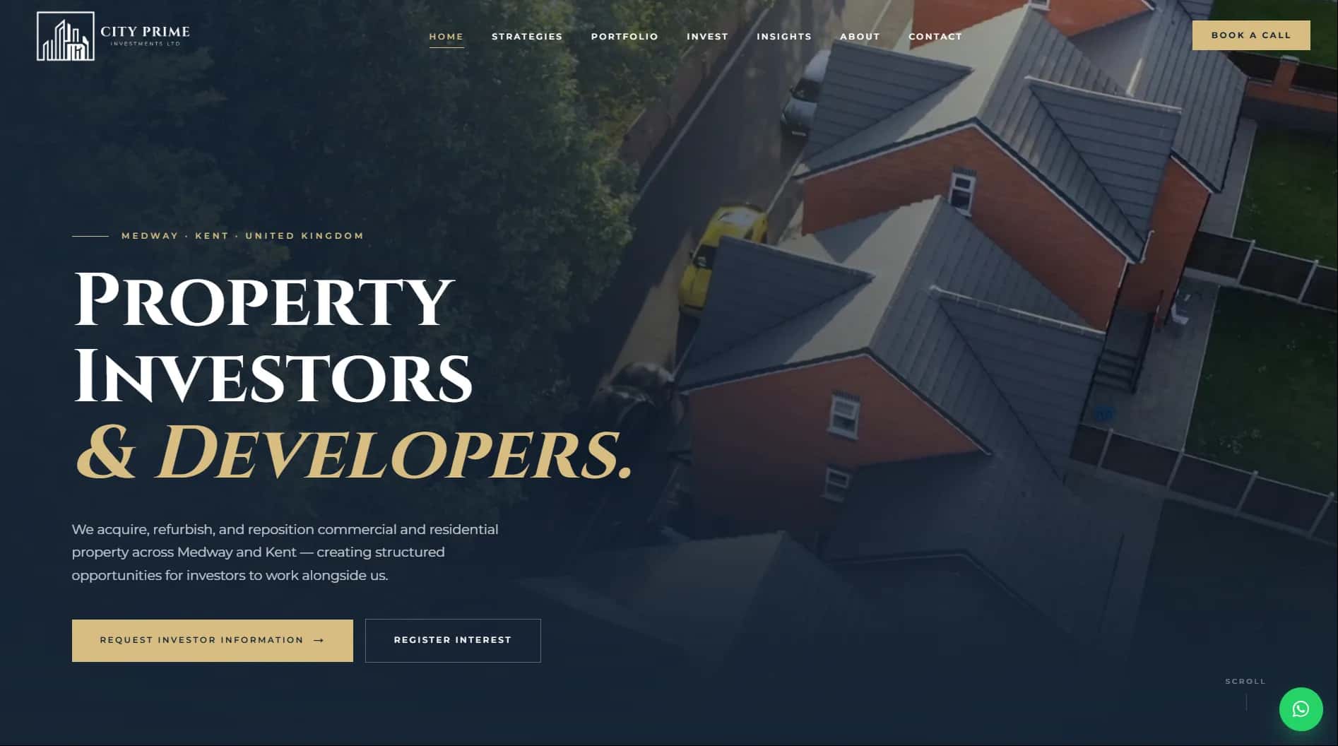 A website landing page for City Prime Investments Ltd featuring the prominent headline "Property Investors & Developers" over an aerial background view of residential brick homes.