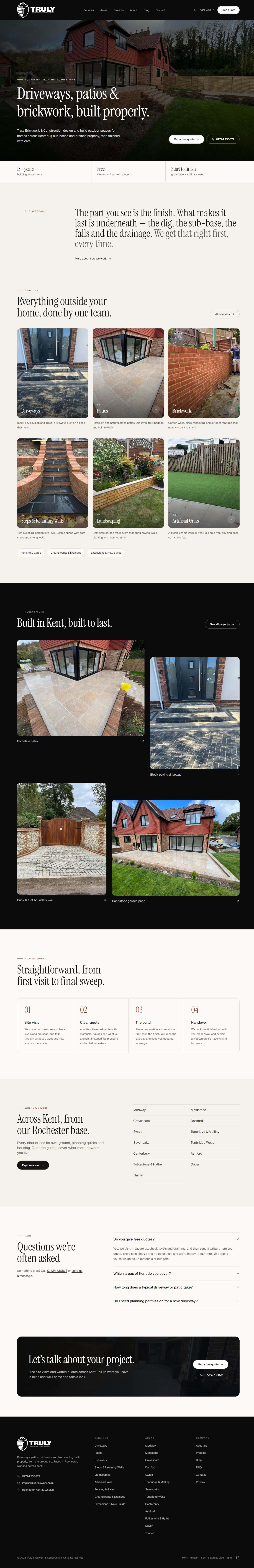 Truly Brickwork & Construction home page, top to bottom