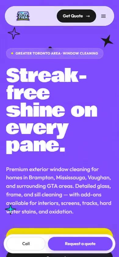 Top Tier Window Cleaning's site on a phone: 'Streak-free shine on every pane' with Call and Request a quote buttons fixed to the bottom of the screen