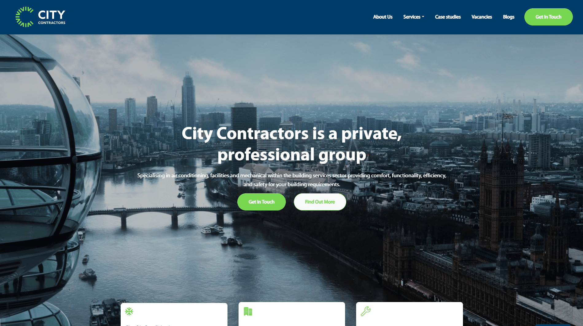 City Contractors' old website: a stock London skyline photo and a generic 'private, professional group' headline
