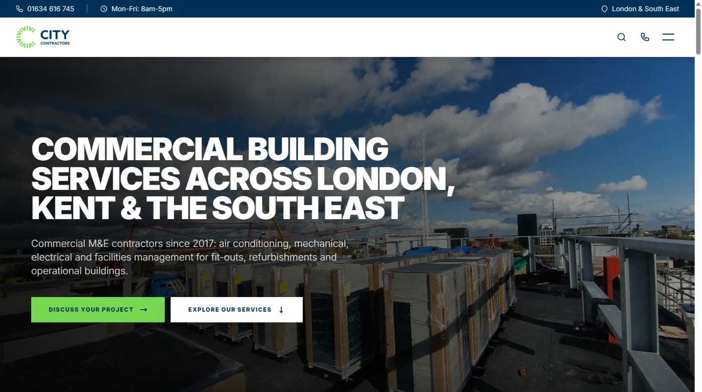 City Contractors website home page: commercial building services across London, Kent and the South East, designed and built by WebWise