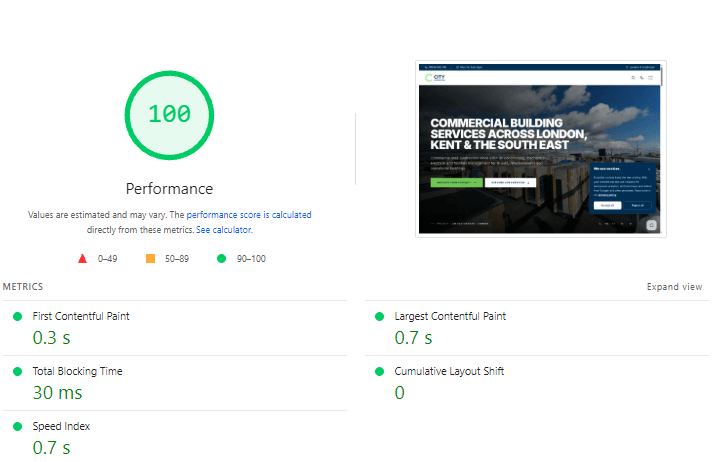 Google PageSpeed Insights desktop result for the City Contractors website: Performance 100, First Contentful Paint 0.3s, Largest Contentful Paint 0.7s, Total Blocking Time 30ms, Cumulative Layout Shift 0, Speed Index 0.7s