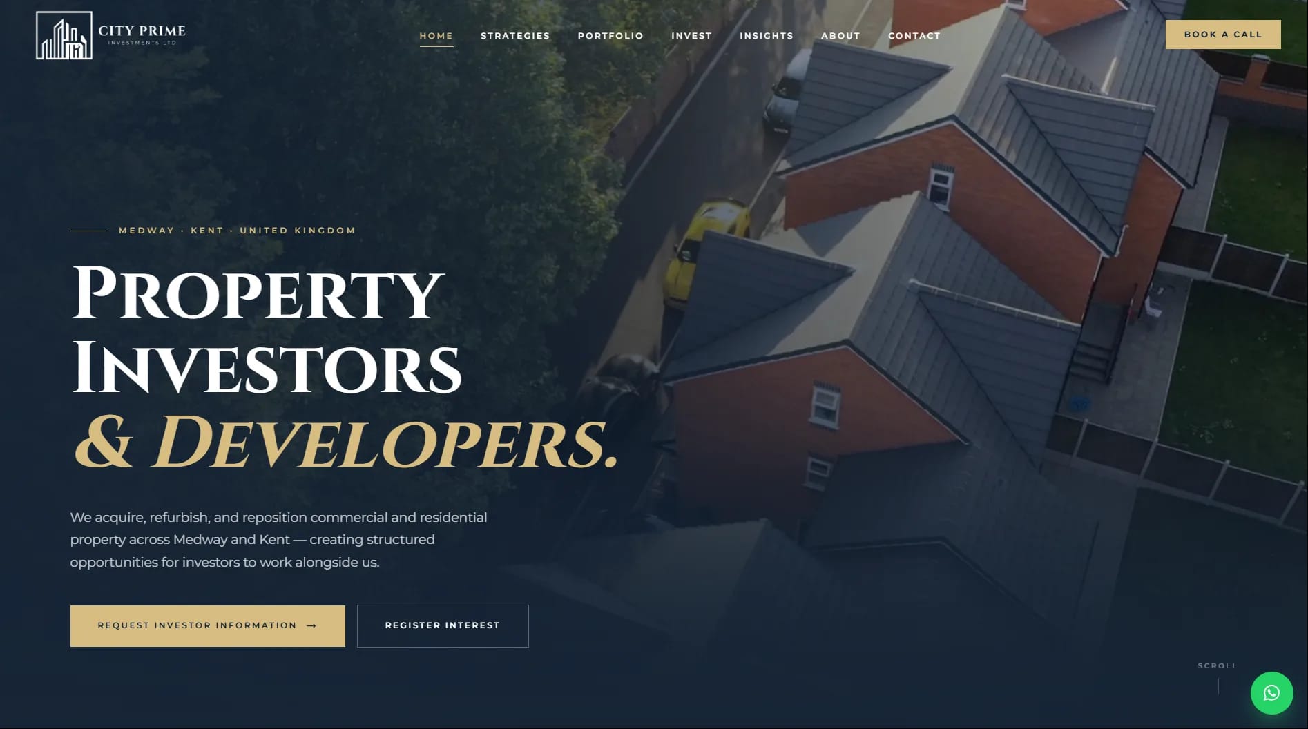 A website landing page for City Prime Investments Ltd featuring the prominent headline "Property Investors & Developers" over an aerial background view of residential brick homes.