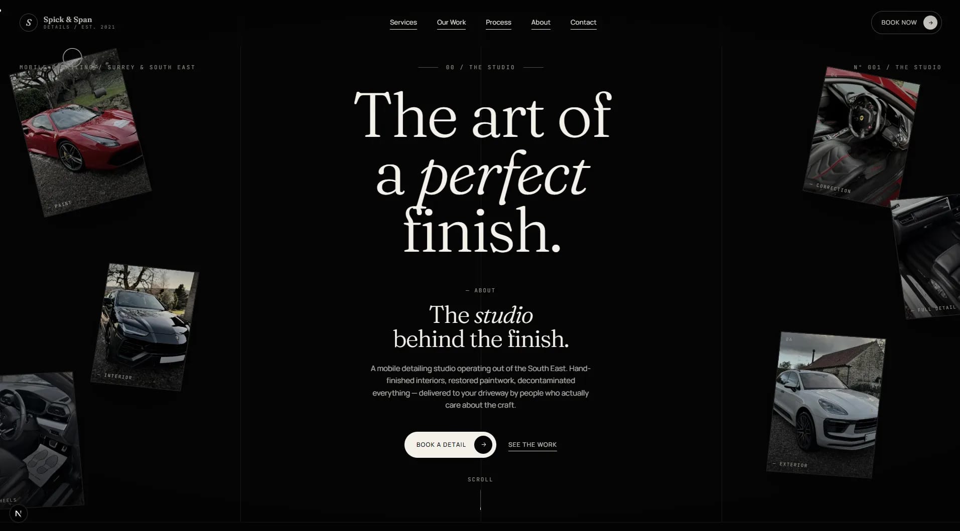A dark-themed website landing page for Spick & Span mobile car detailing, featuring the large headline "The art of a perfect finish" surrounded by scattered floating photos of luxury vehicles and car interiors.