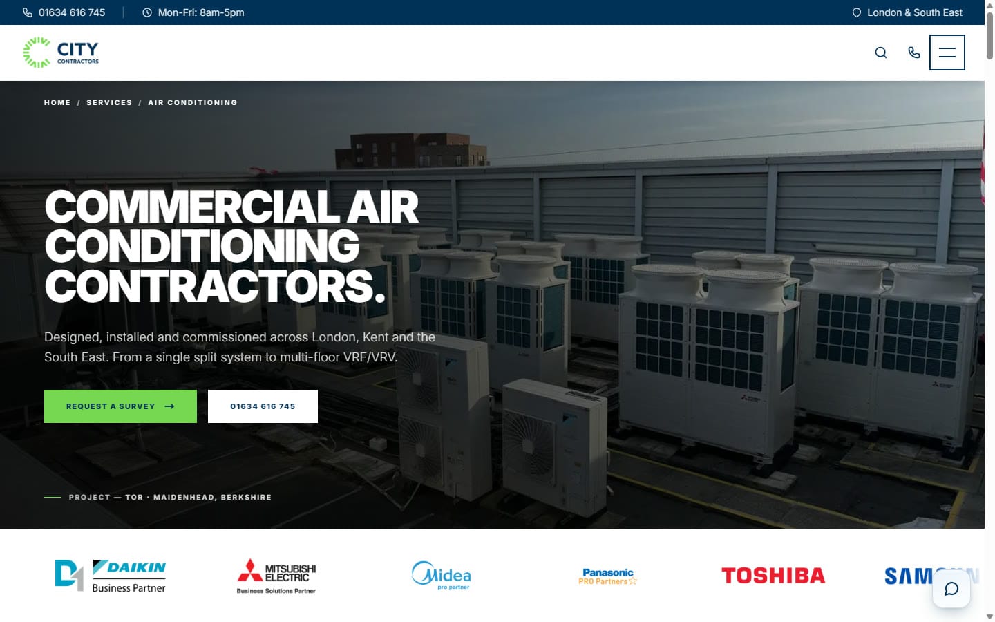 City Contractors website — City Contractors website — Air conditioning service page with manufacturer partner logos