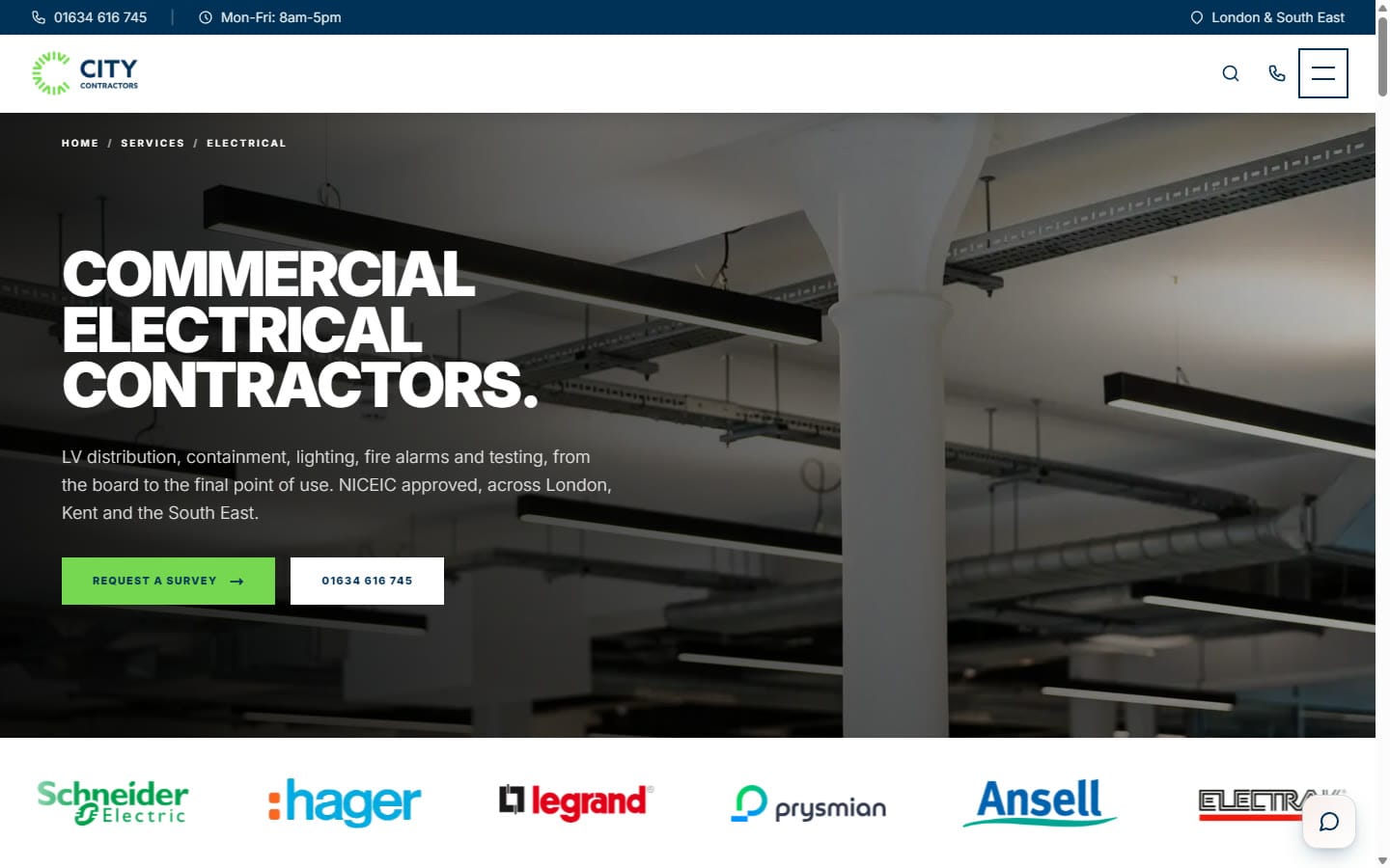 City Contractors website — City Contractors website — Electrical contractors service page with manufacturer partner logos