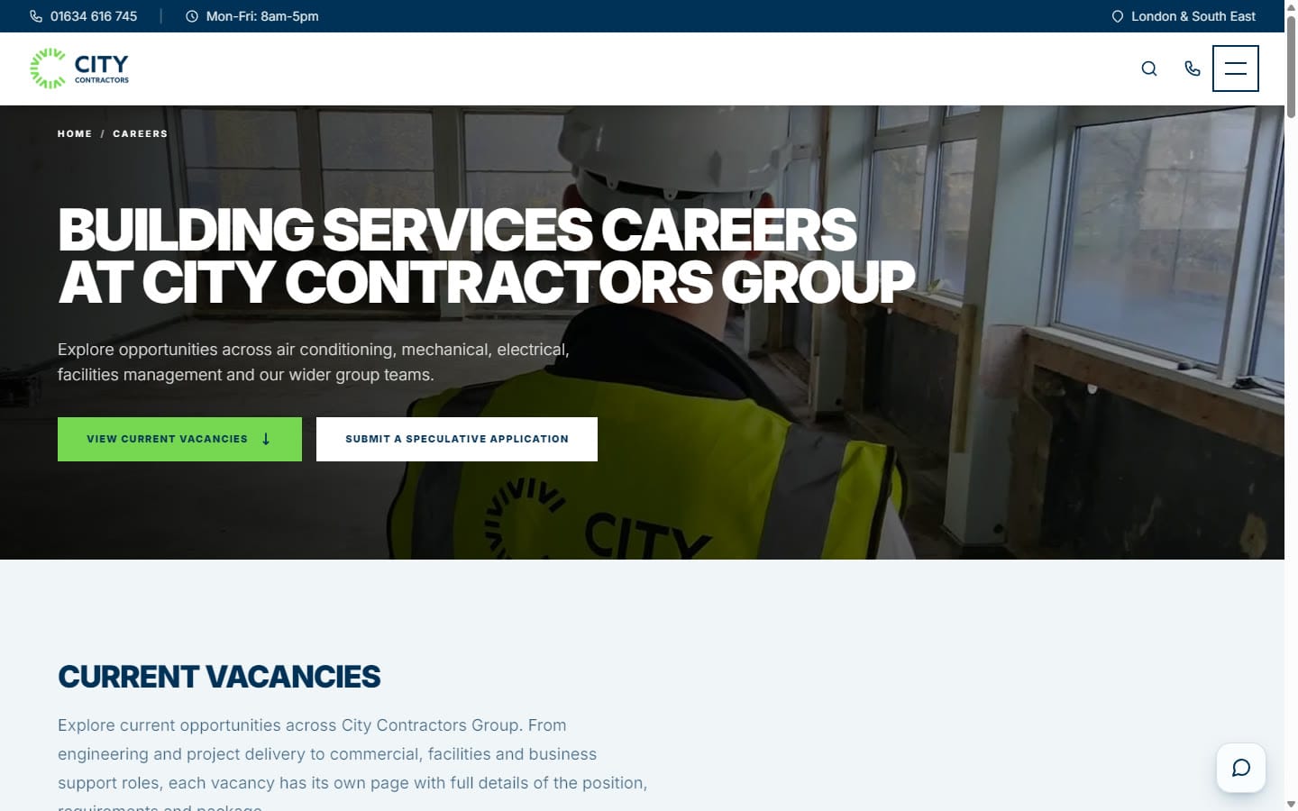 City Contractors website — City Contractors website — Careers page with the live vacancies feed