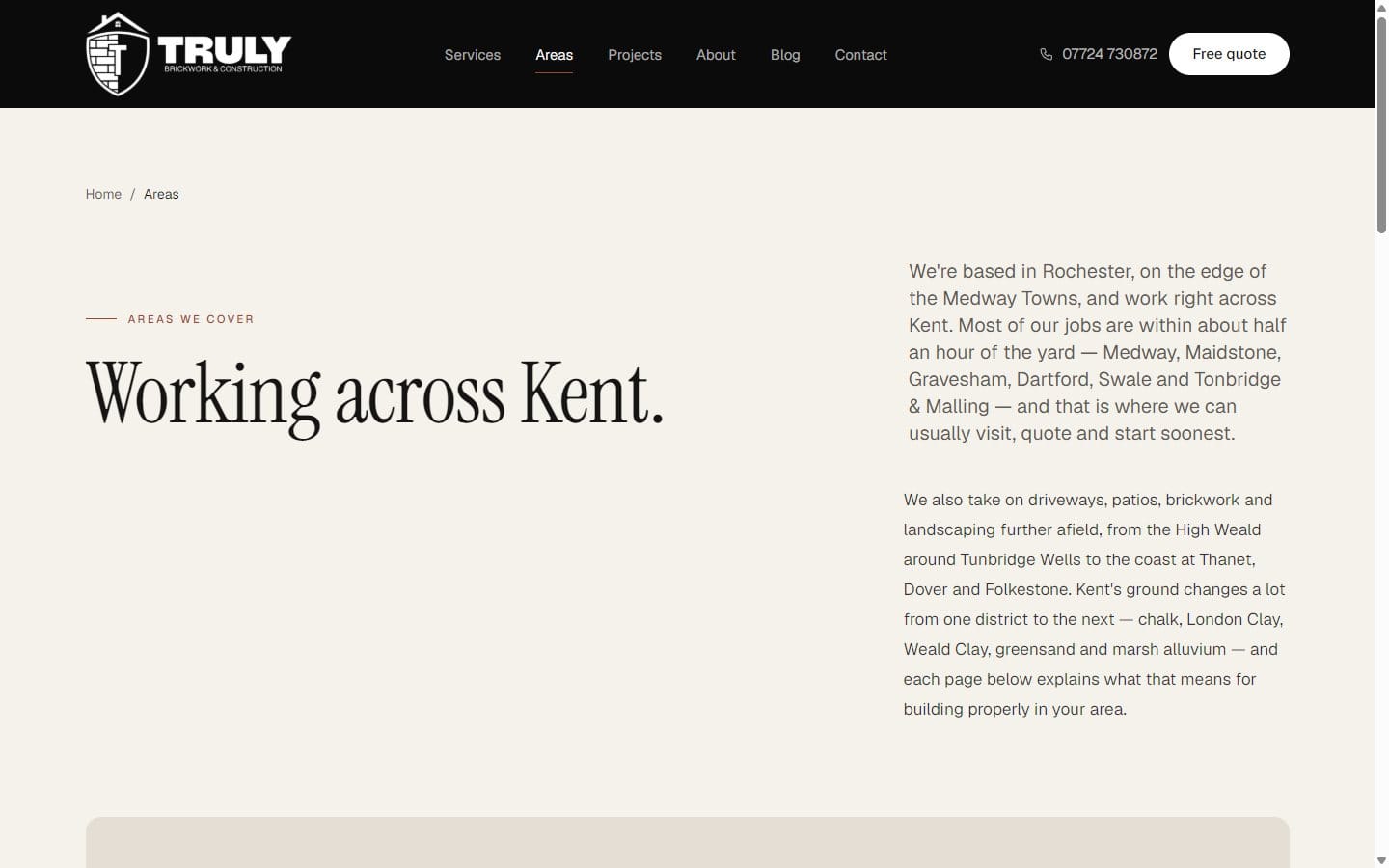 Truly Brickwork & Construction website — Truly Brickwork areas page covering Kent