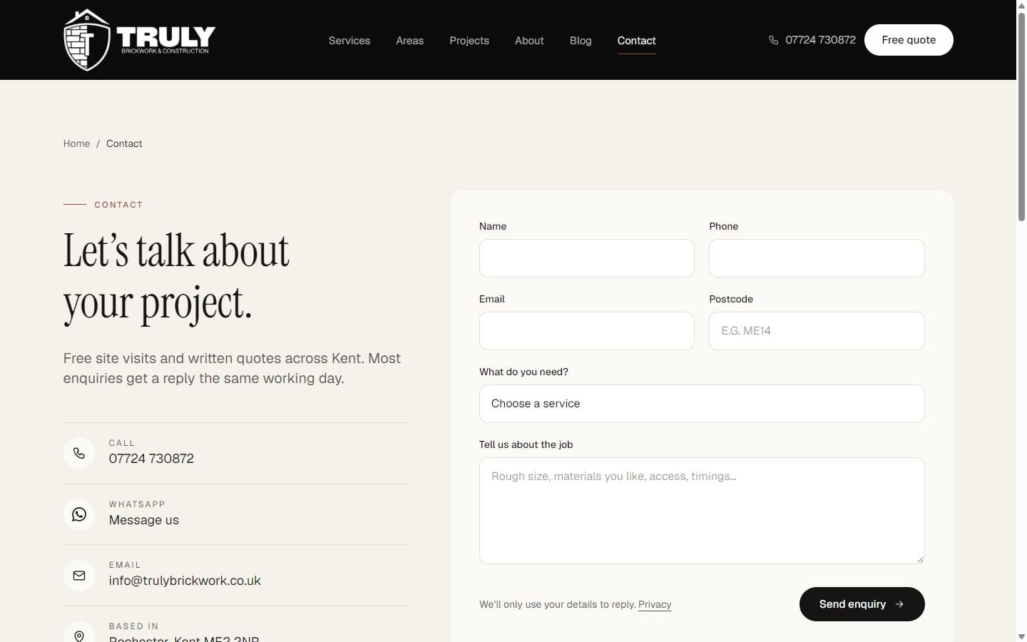 Truly Brickwork & Construction website — Truly Brickwork contact page with quote form