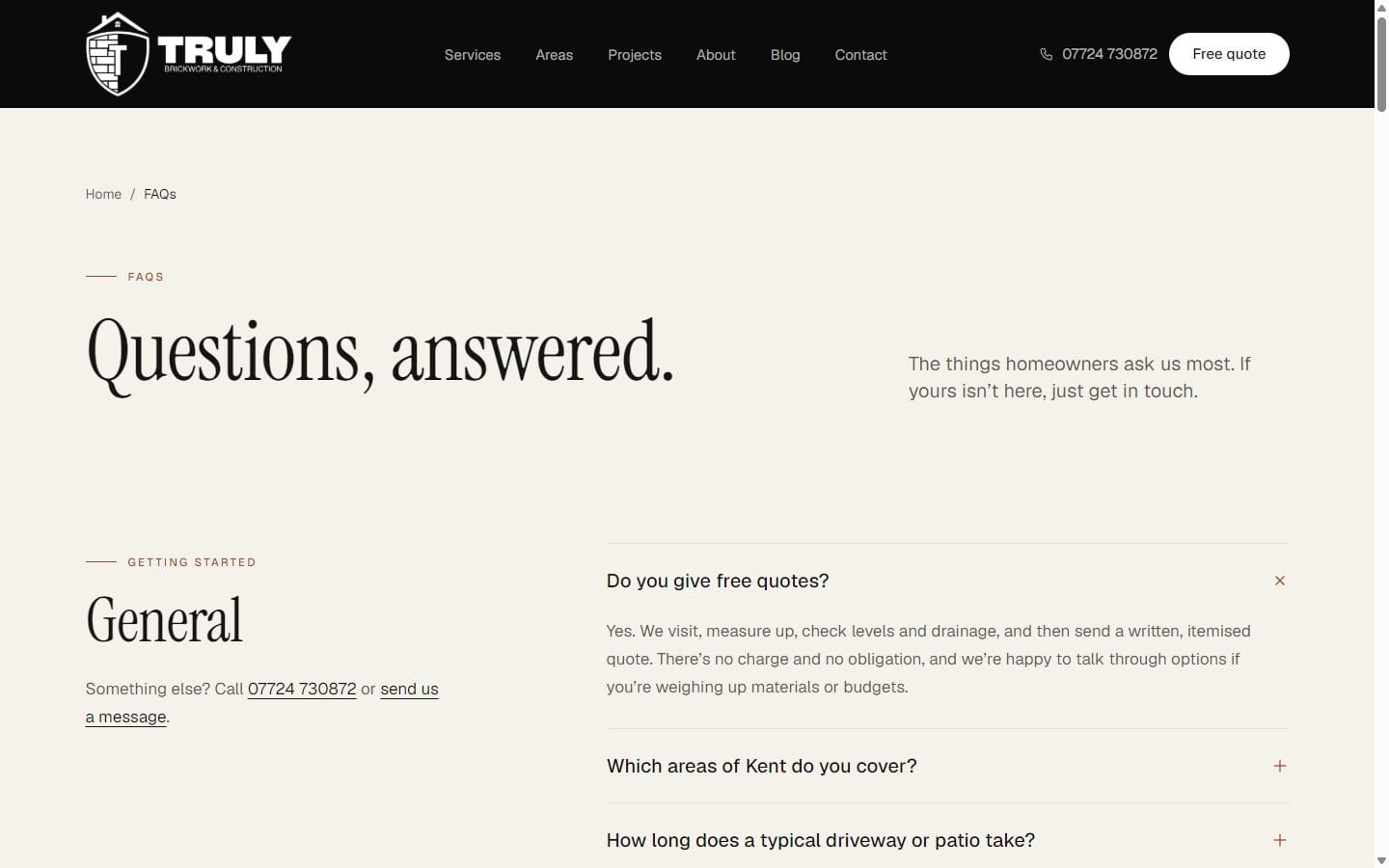Truly Brickwork & Construction website — Truly Brickwork FAQ page