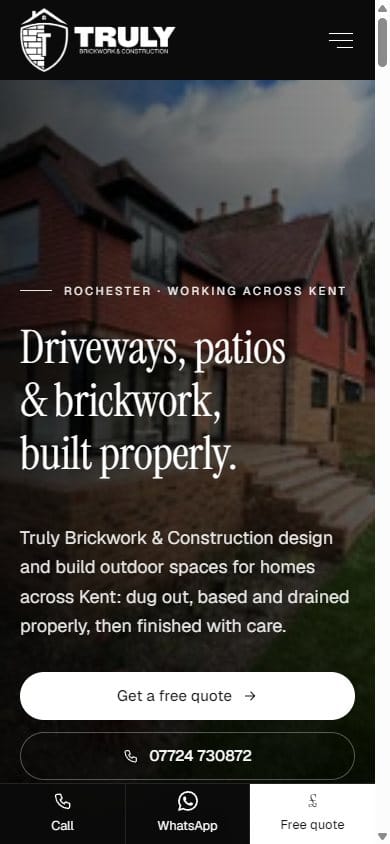 Truly Brickwork & Construction website — Truly Brickwork home page on a phone
