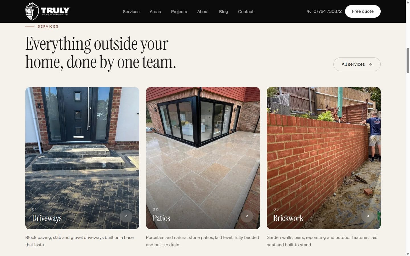 Truly Brickwork & Construction website — Truly Brickwork home page: services section