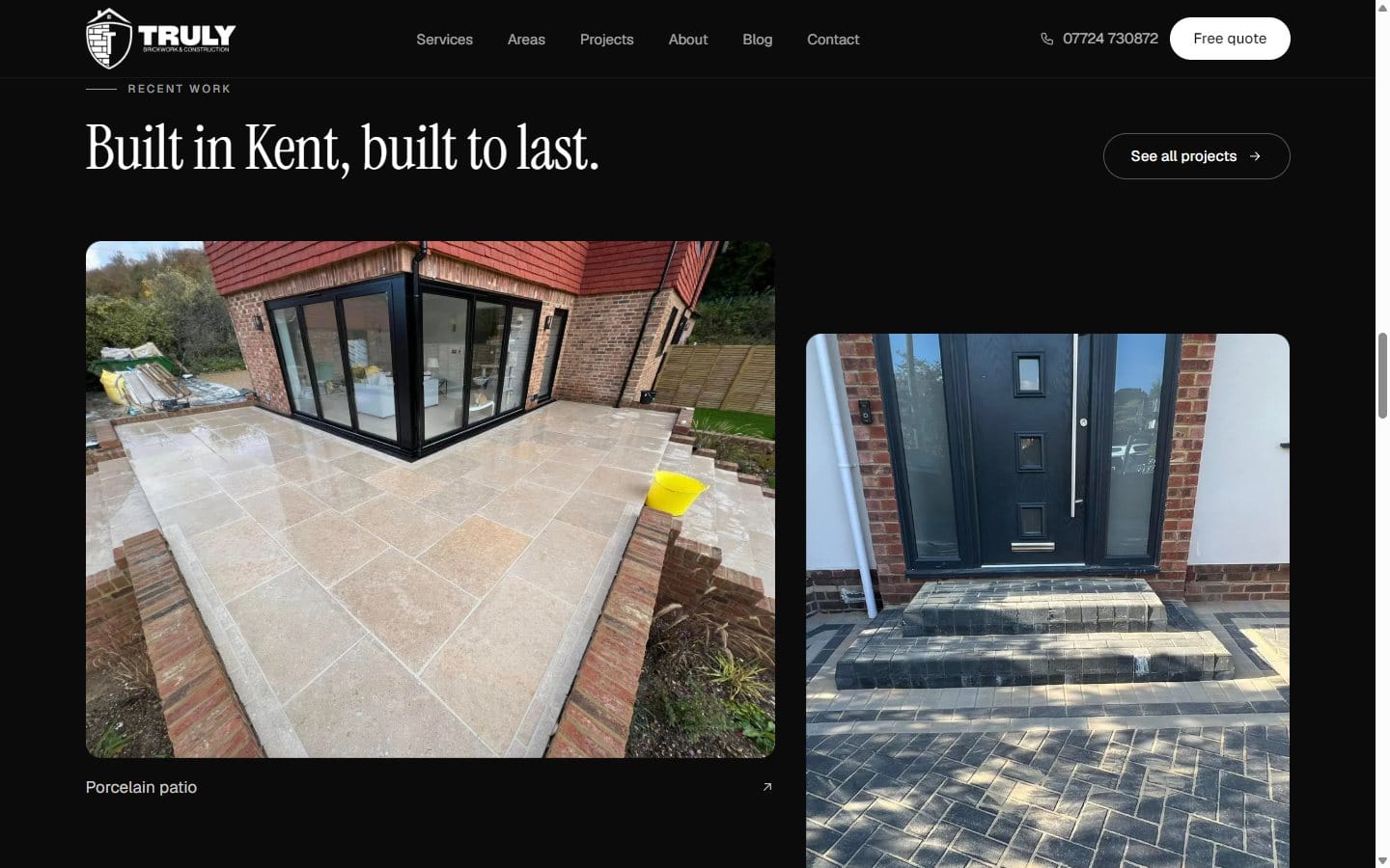 Truly Brickwork & Construction website — Truly Brickwork home page: recent work section