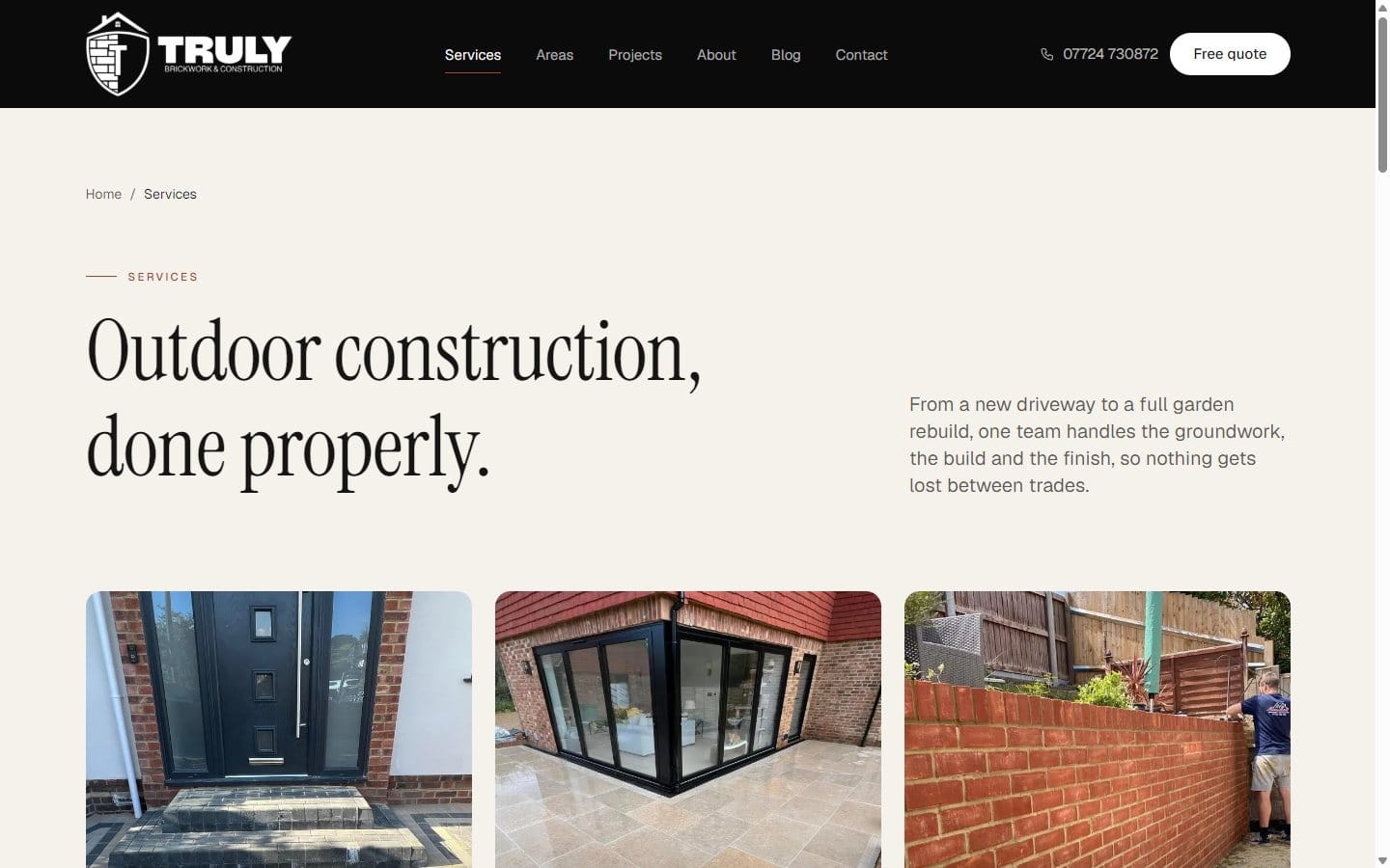 Truly Brickwork & Construction website — Truly Brickwork services page