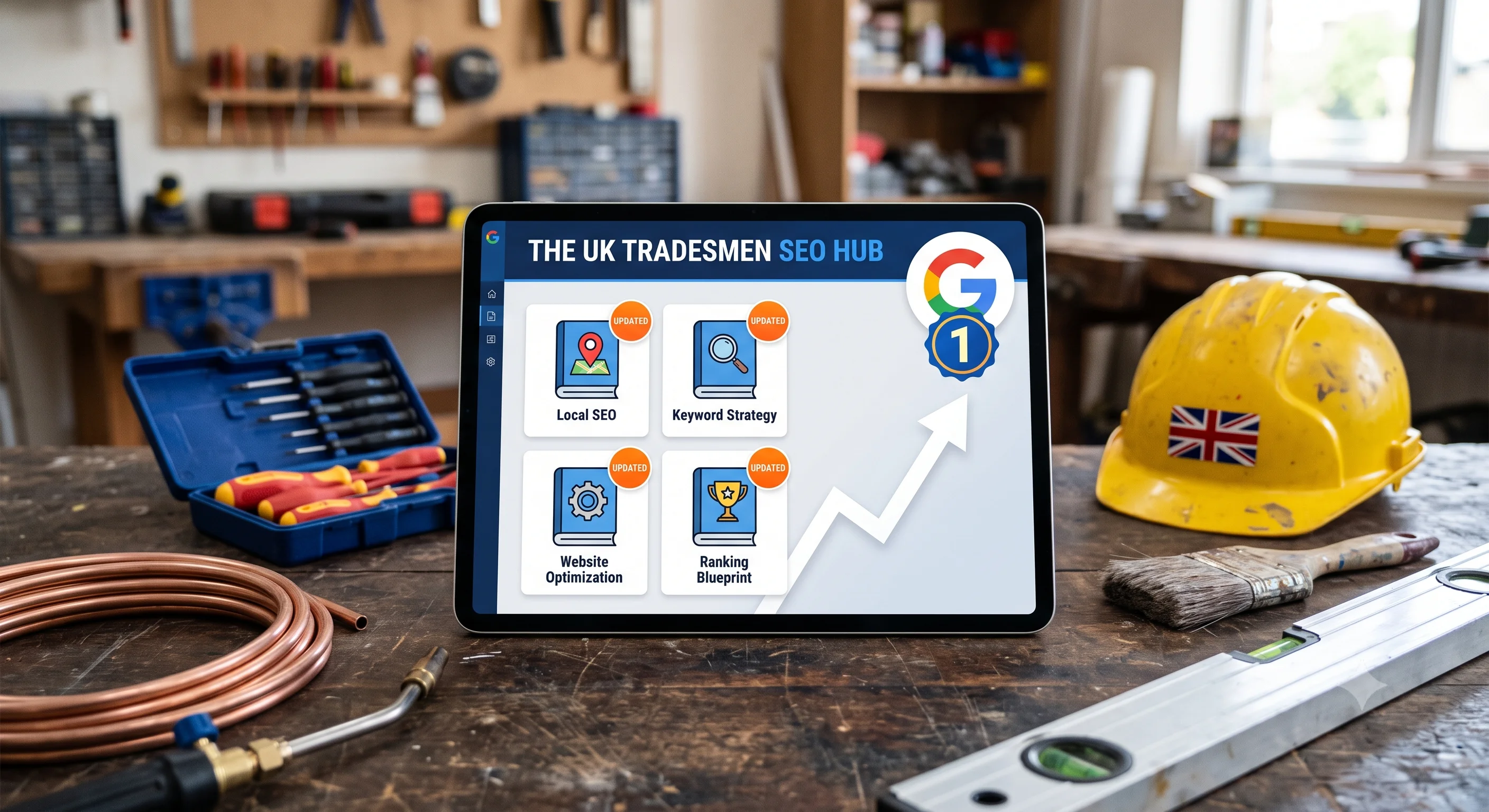 A tablet displaying "The UK Tradesmen SEO Hub" dashboard on a wooden workbench, surrounded by manual trade tools, a coiled copper pipe, a spirit level, and a yellow hard hat with a UK flag sticker.