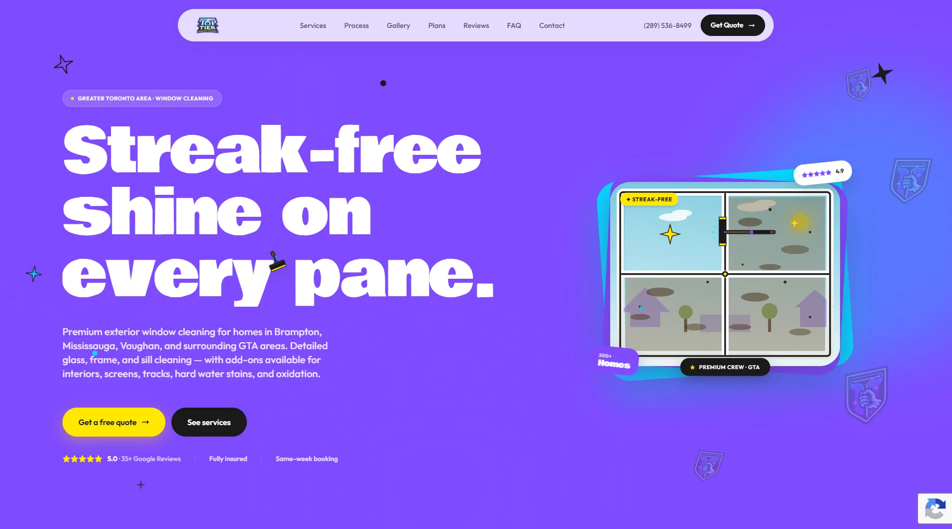 A vibrant purple website landing page for a window cleaning service featuring the large headline "Streak-free shine on every pane" and an illustration of a window being squeegeed clean.