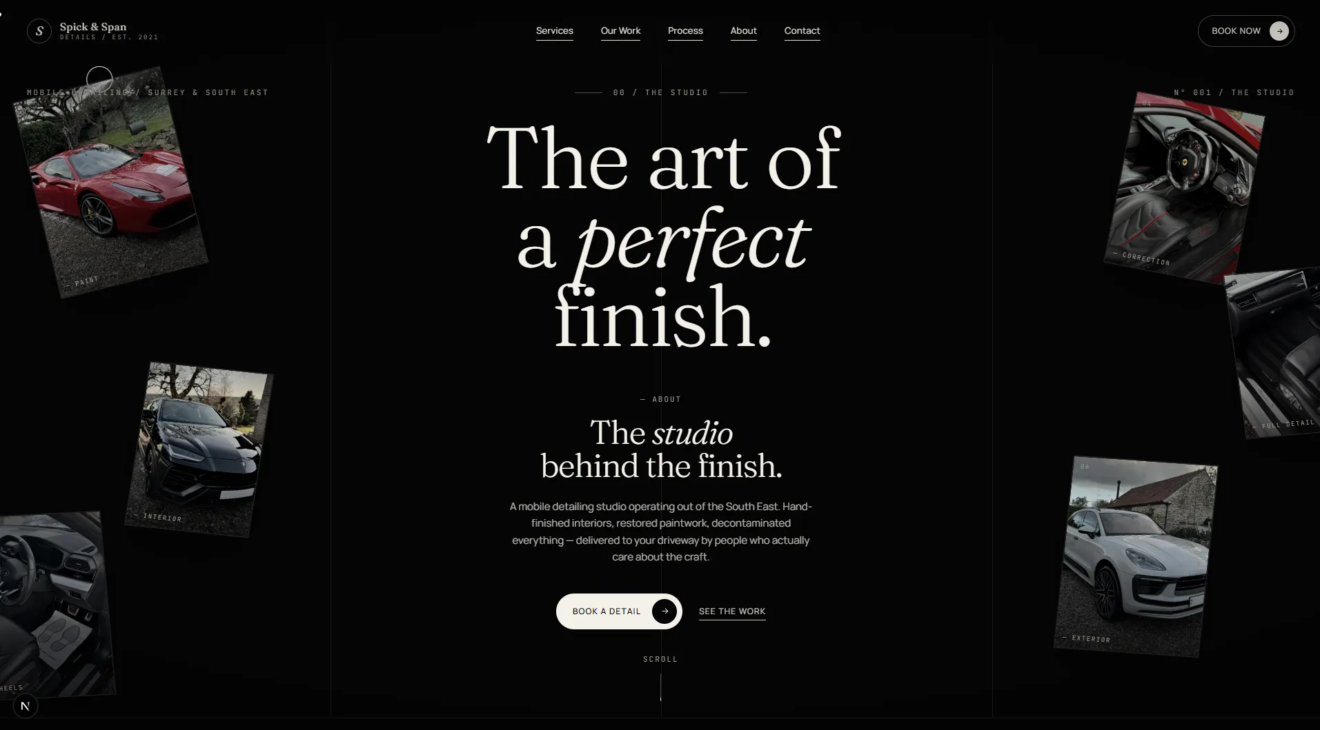A dark-themed website landing page for Spick & Span mobile car detailing, featuring the large headline "The art of a perfect finish" surrounded by scattered floating photos of luxury vehicles and car interiors.