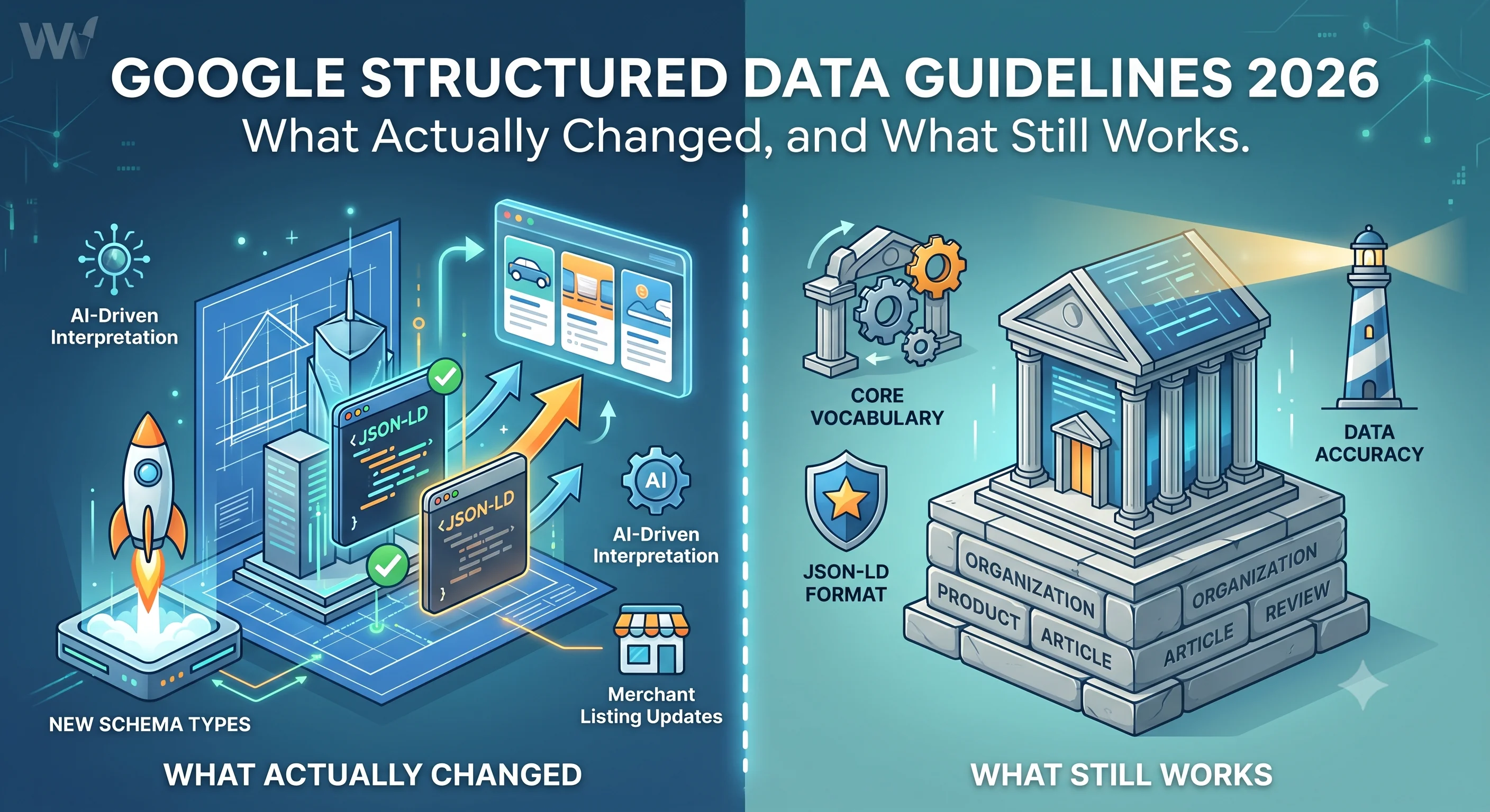 A professional vector infographic split vertically comparing the 2026 Google Structured Data Guidelines. The left side, titled "WHAT ACTUALLY CHANGED," shows glowing updates to JSON-LD code and new schema types for AI-driven rich results in shades of blue and orange. The right side, titled "WHAT STILL WORKS," features stable foundational schema vocabulary and the JSON-LD format supporting a digital structure. The title "GOOGLE STRUCTURED DATA GUIDELINES 2026: WHAT ACTUALLY CHANGED, AND WHAT STILL WORKS" is across the top.
