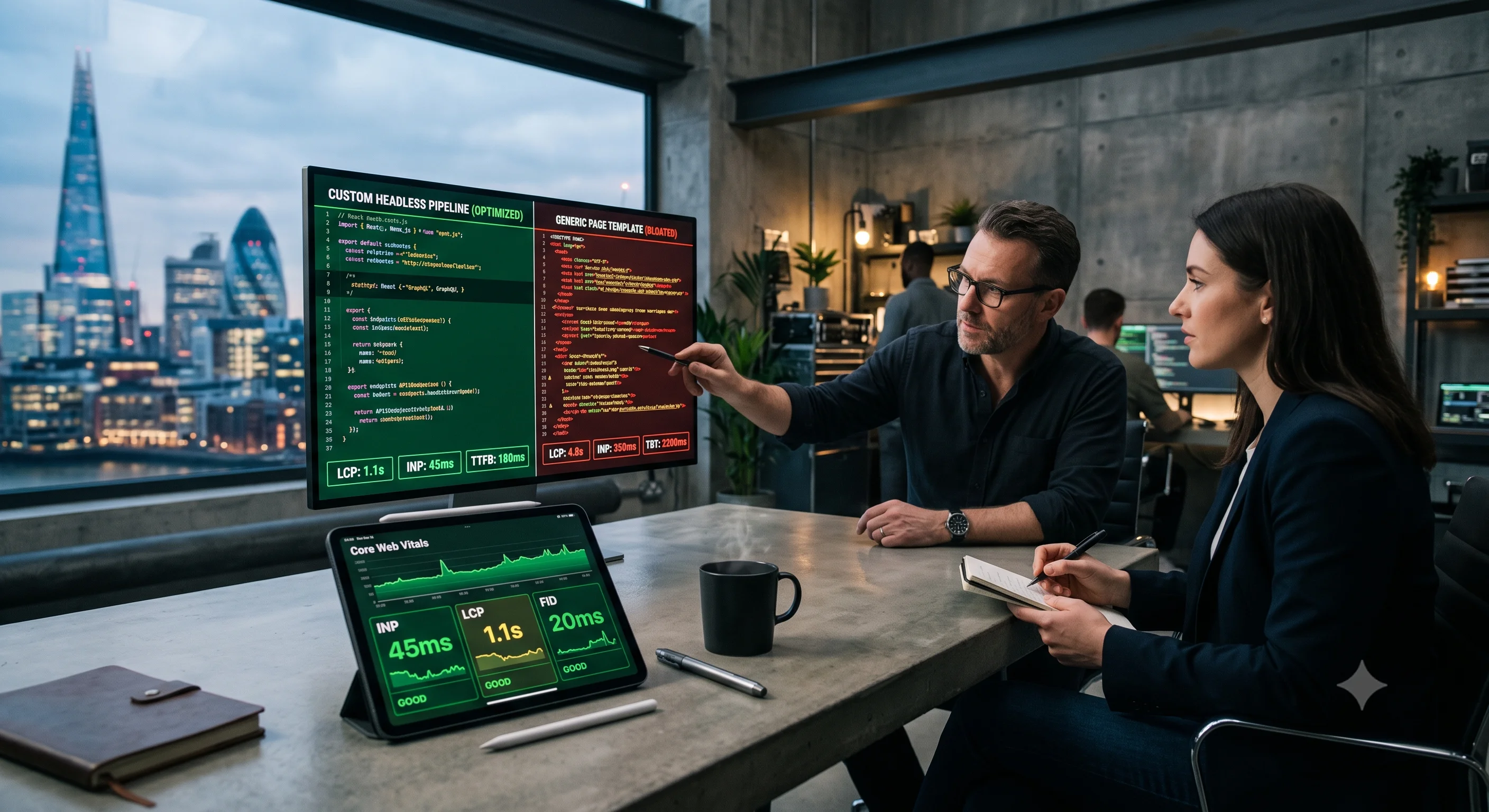 A high-tech agency monitor comparing clean custom headless code with bloated web design layouts on a polished concrete desk next to a tablet displaying passing Core Web Vitals metrics.
