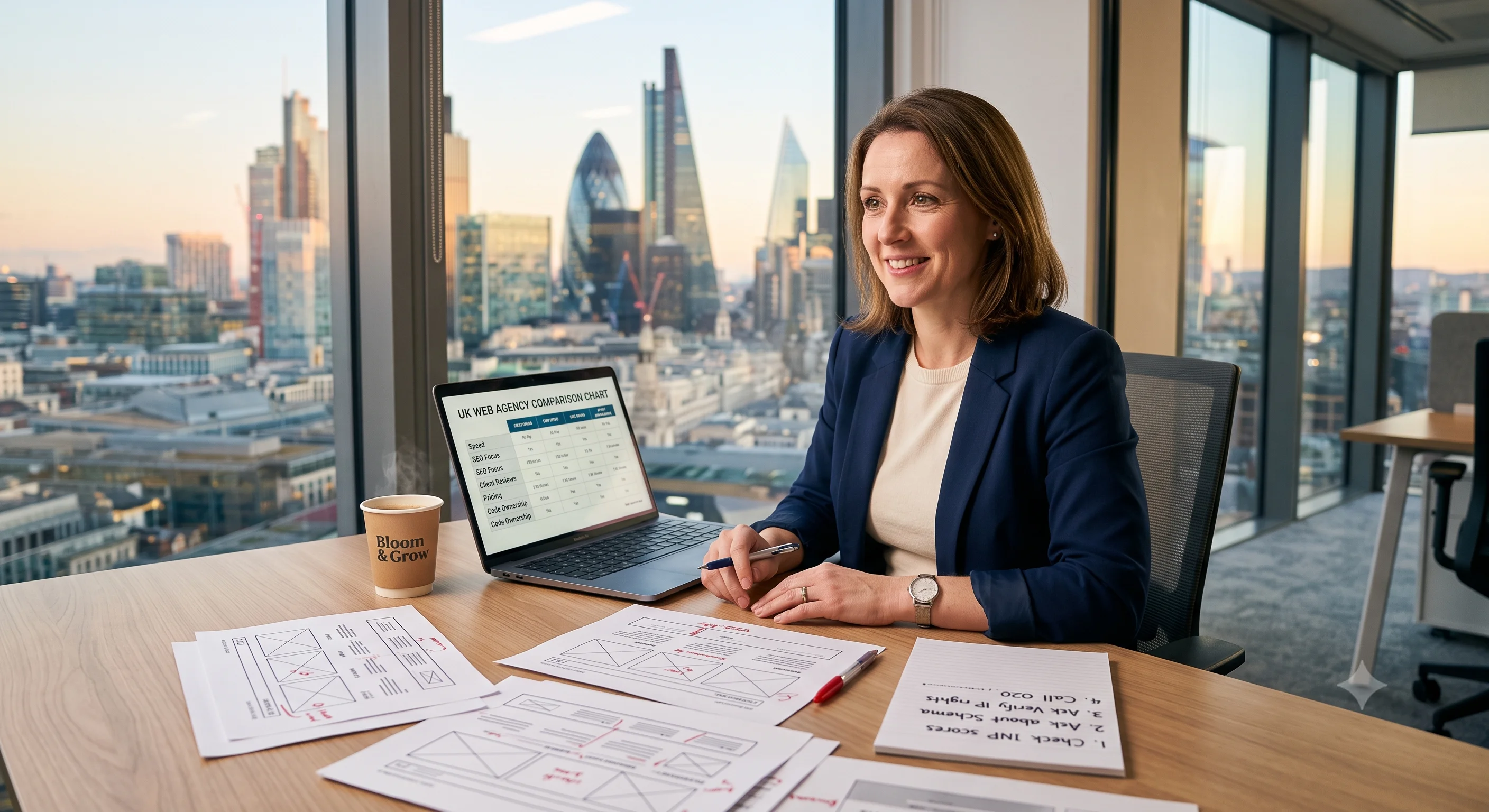 UK small business owner reviewing web design agency options on a laptop with comparison charts and wireframes