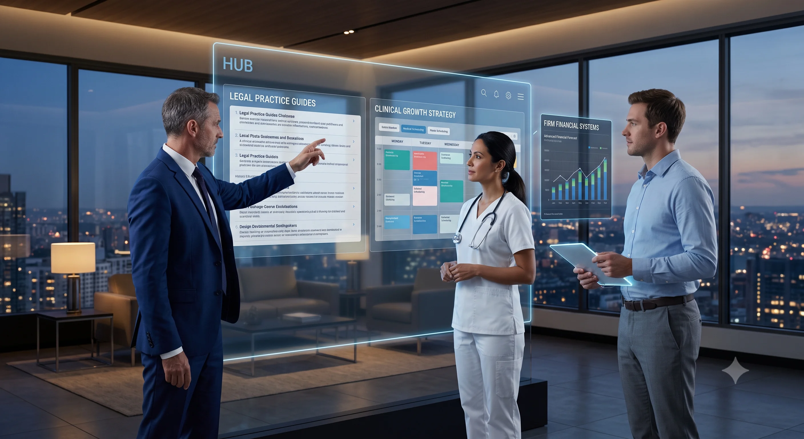A solicitor in a tailored suit, a healthcare professional in white scrubs, and an accountant in business casual attire standing together in a modern executive office at twilight. They are interacting with a large, glowing transparent digital interface that displays legal practice guides, a clinical growth strategy dashboard, and firm financial systems, with a panoramic city skyline visible through floor-to-ceiling windows in the background.