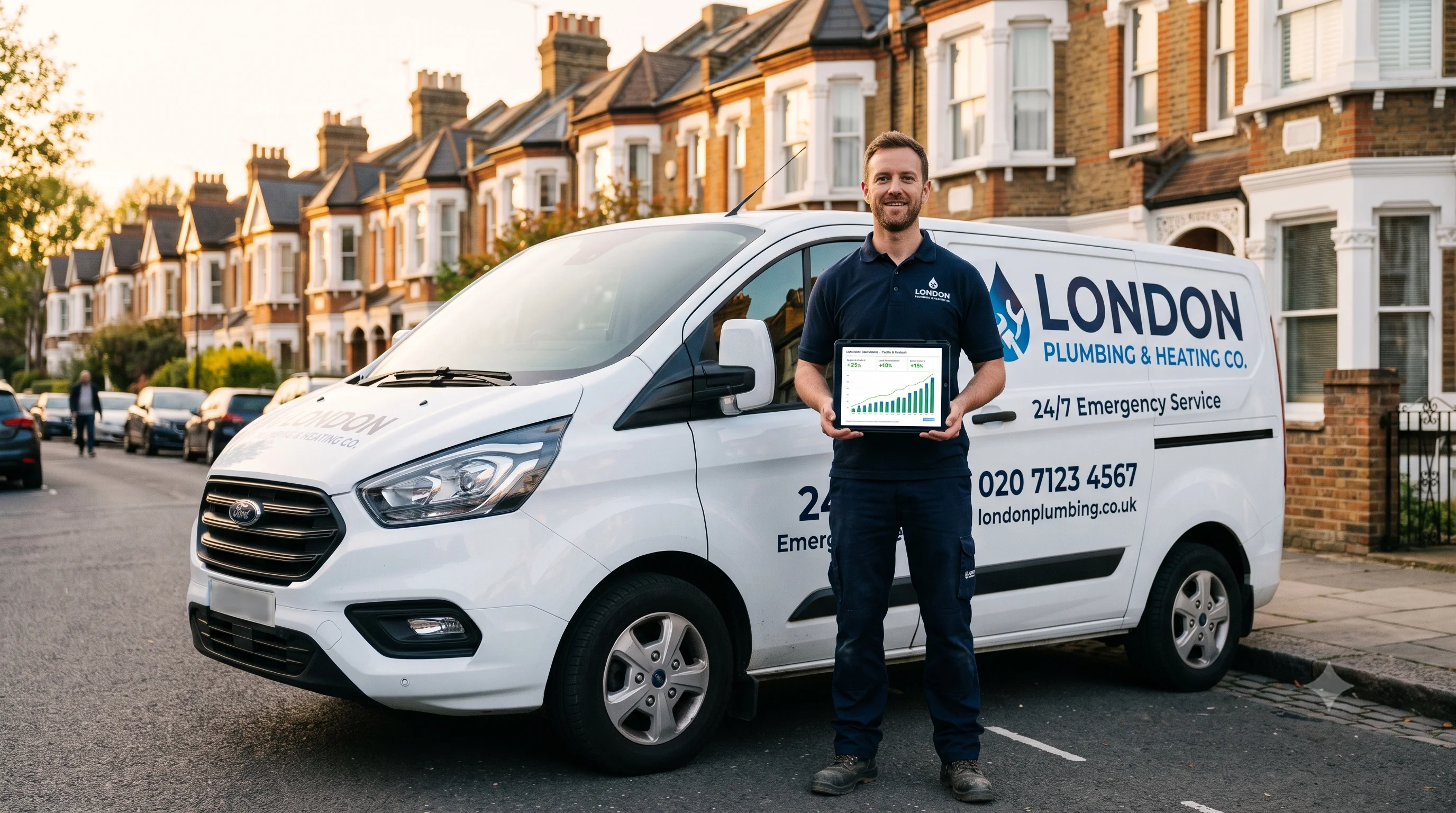 Professional plumber checking website analytics on a tablet next to a branded work van in a London residential street — demonstrating SEO for tradesmen