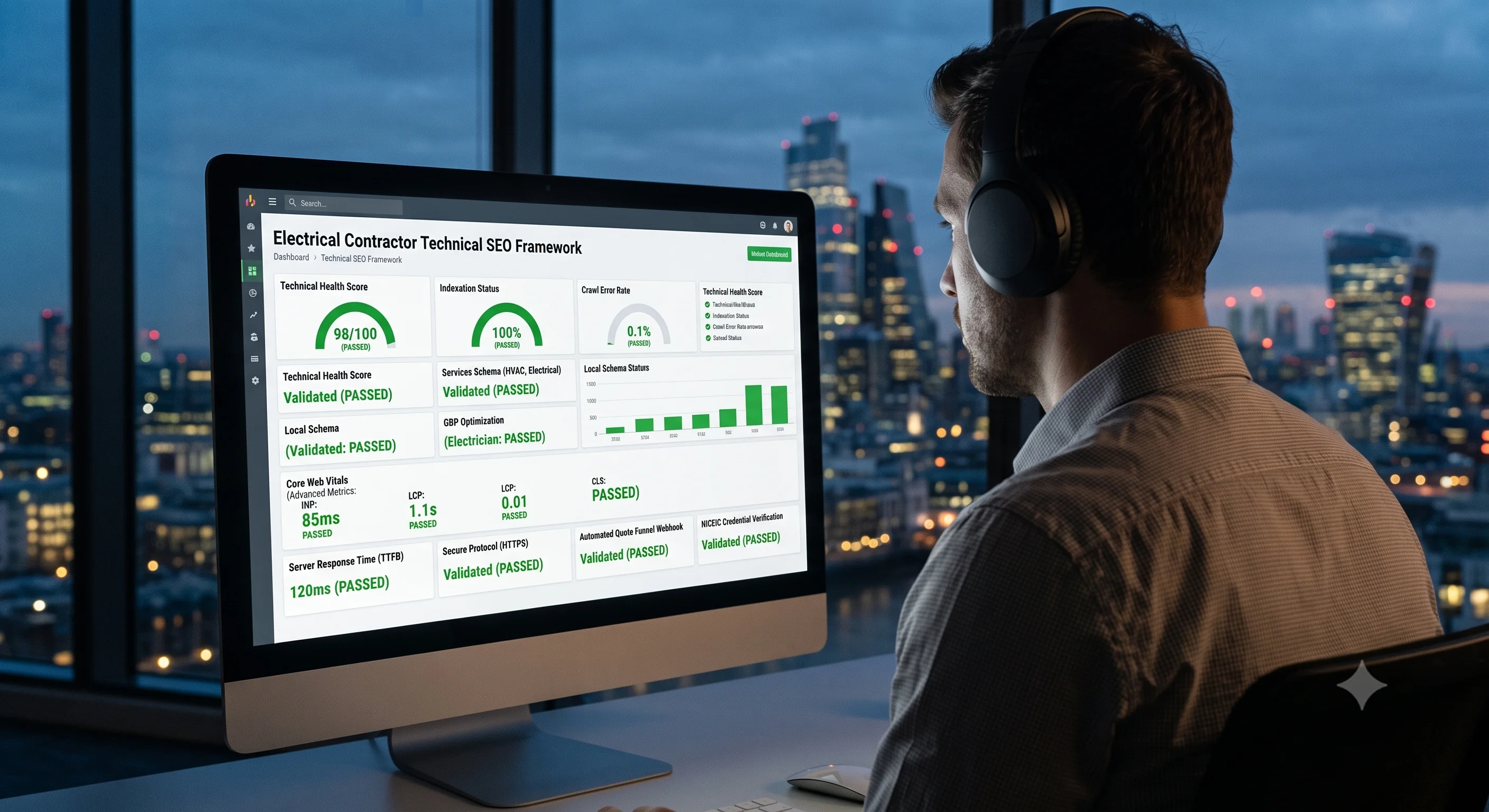 An over-the-shoulder perspective of a professional analyzing a highly technical SEO and web performance dashboard for an electrical contractor on a large desktop monitor in a modern office at twilight. The crisp interface displays green, passing Core Web Vitals metrics, valid Next.js server response times, and validated Electrician JSON-LD schema markup, with an illuminated UK city skyline visible through the window in the background.