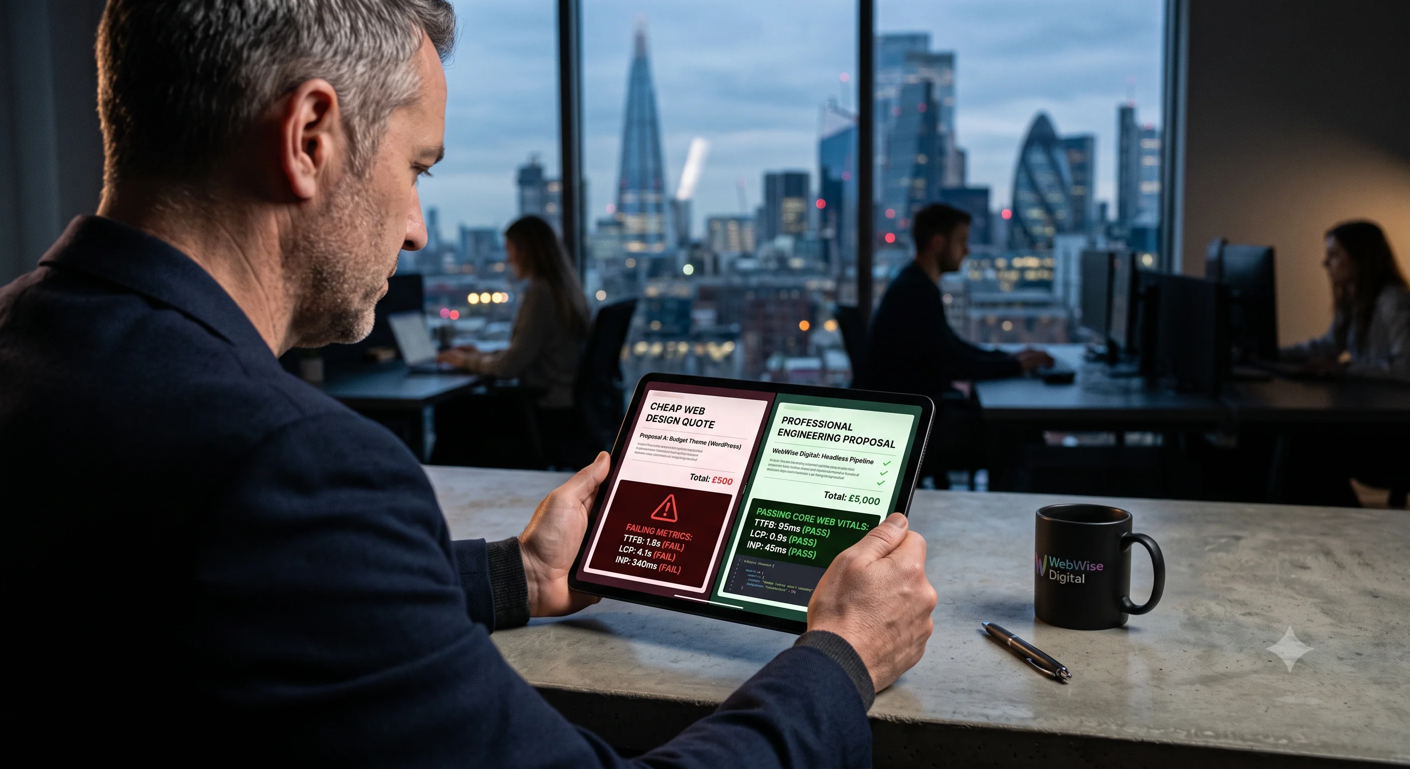 A business owner reviewing a split-screen tablet comparing a cheap web design quote with failing metrics against a professional engineering proposal with passing Core Web Vitals.