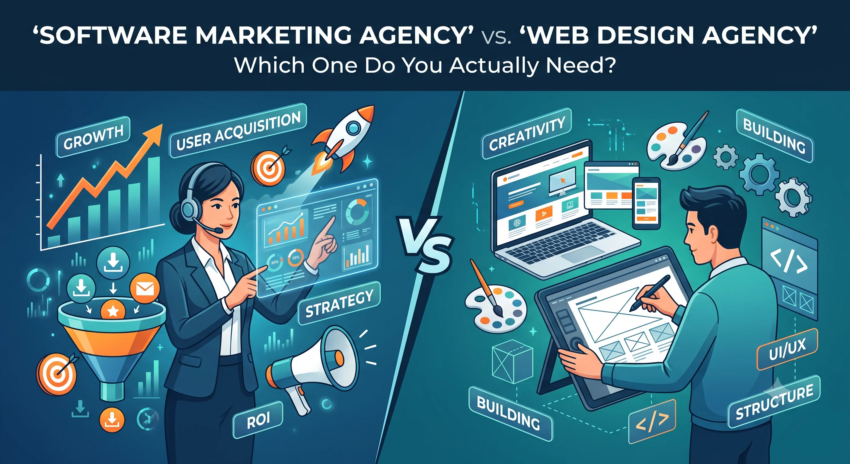A professional infographic split vertically comparing a Software Marketing Agency and a Web Design Agency. The left side (Marketing) features icons of rockets, growth funnels, and strategies with the question 'GROWTH?' below it. The right side (Design) shows wireframes, a laptop with responsive layouts, and creative tools with the question 'BUILDING?' below it. At the top, bold text reads: 'Software Marketing Agency vs. Web Design Agency: Which One Do You Actually Need?' Abstract digital background in shades of blue and orange.