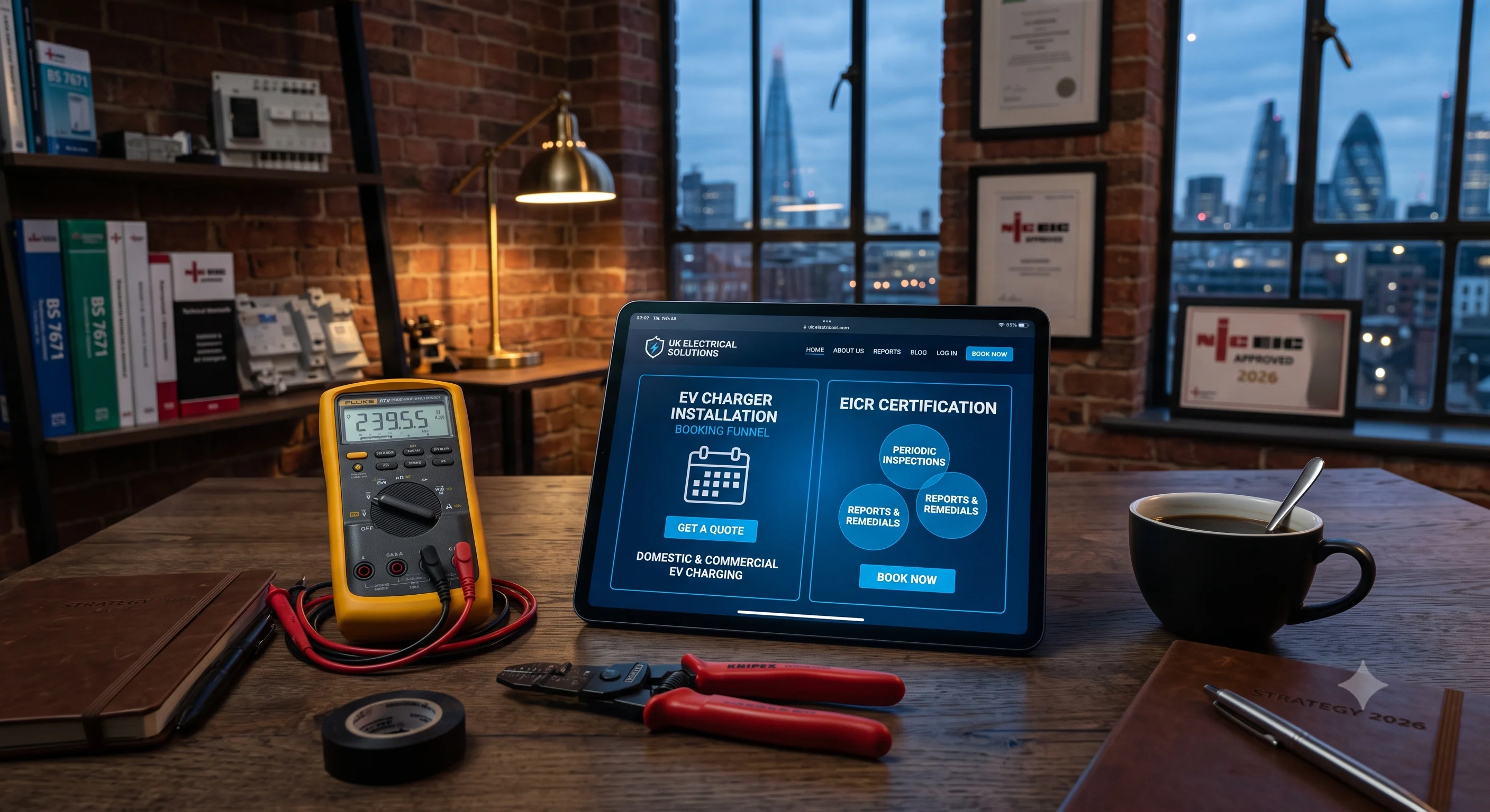 A glowing digital tablet displaying an EV charger and EICR booking website wireframe on a dark oak desk next to a digital multimeter and wire strippers, representing digital strategy for electricians.