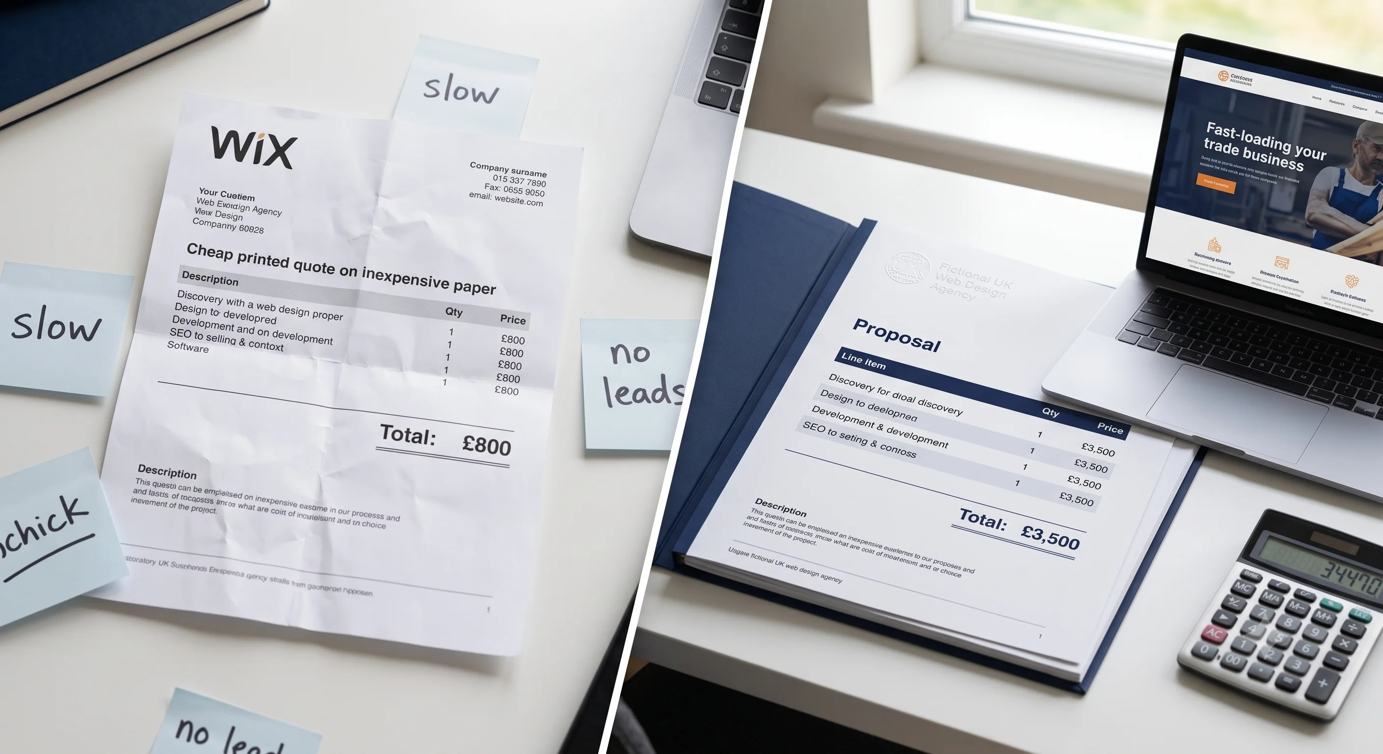 Comparison of cheap versus professional trade website pricing quotes on a desk, showing the difference between budget DIY builders and custom contractor web design