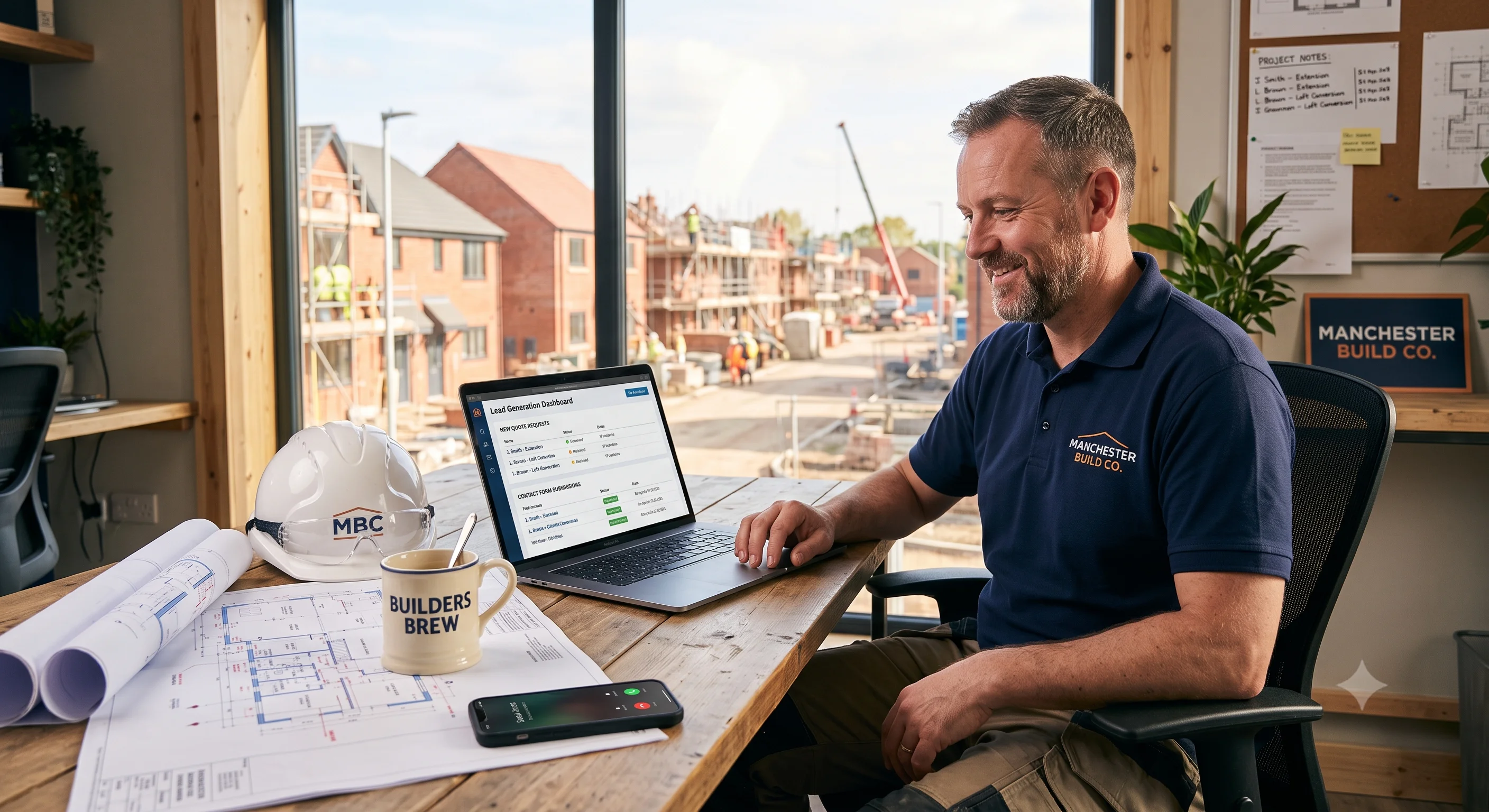 British builder reviewing lead generation dashboard on laptop in site office with construction plans and UK residential building site visible through window