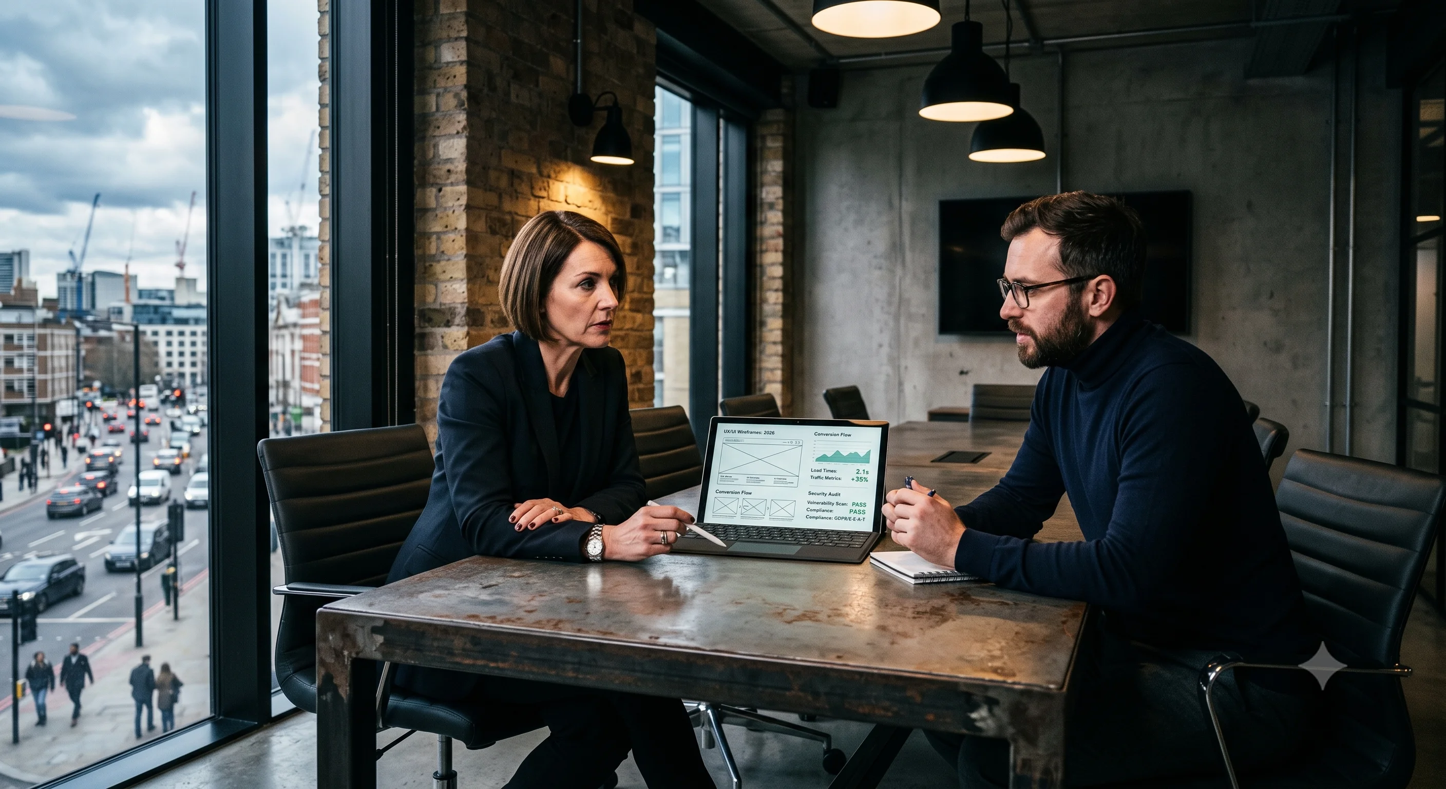 Two professionals in a modern industrial boardroom reviewing website wireframes and a technical security checklist on a glowing digital tablet.