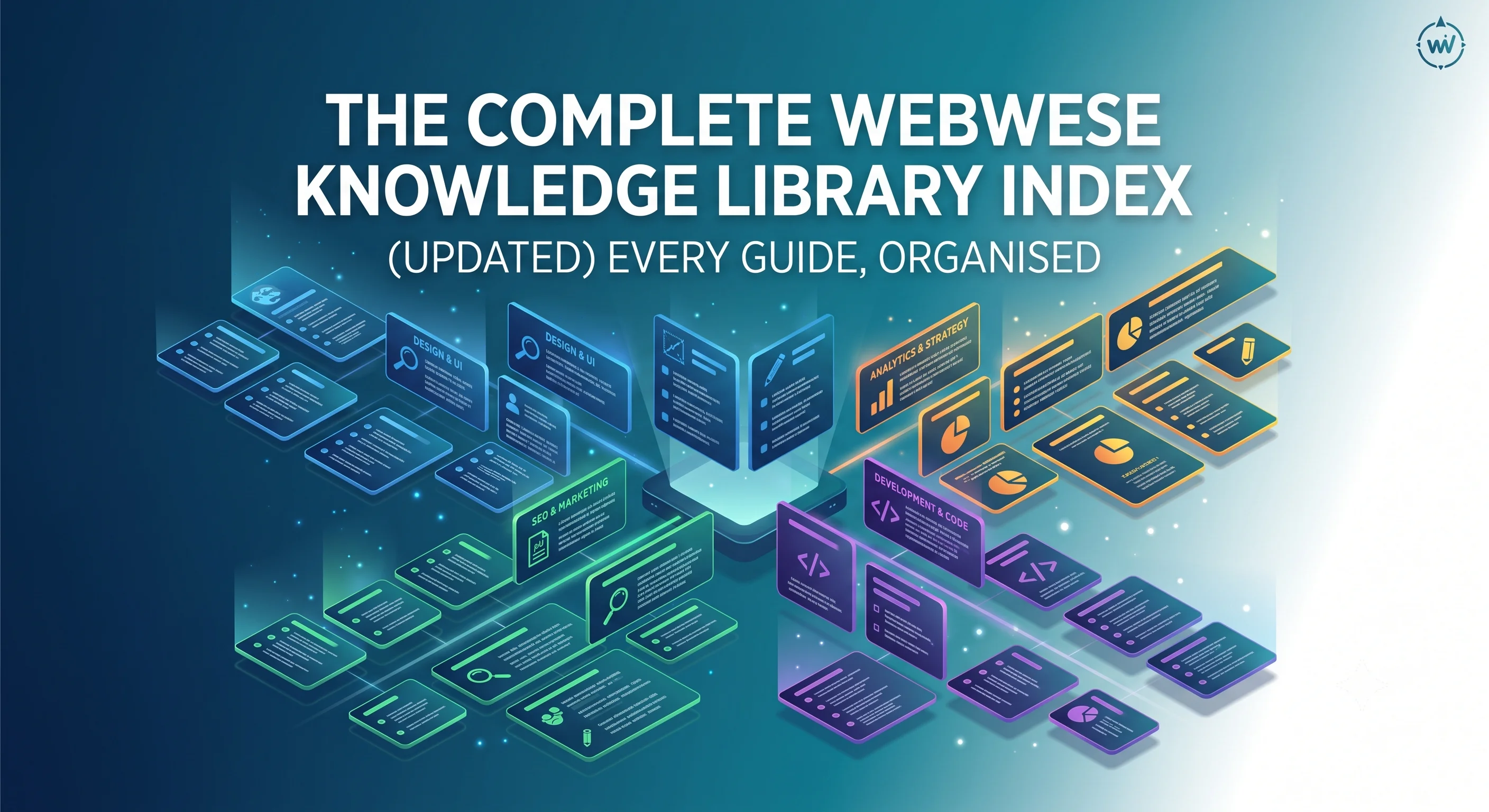 A professional, structured 3/4 isometric visualization of a vast, modern digital resource hub. Floating, interconnected, glowing data blocks radiate outward from a central hub, meticulously organized into color-coded zones: blues for Design & UI, greens for SEO & Marketing, purples for Development & Code, and oranges/yellows for Analytics & Strategy. Above the entire architectural library, large, clean white sans-serif text reads, 'THE COMPLETE WEBWISE KNOWLEDGE LIBRARY INDEX', followed by the smaller tagline, '(UPDATED) EVERY GUIDE, ORGANISED'. Each card displays abstract icons and stylized placeholder text. The graphic features a professional blue and teal palette with soft volumetric light beams against a gradient background transition from deep blue to bright white.