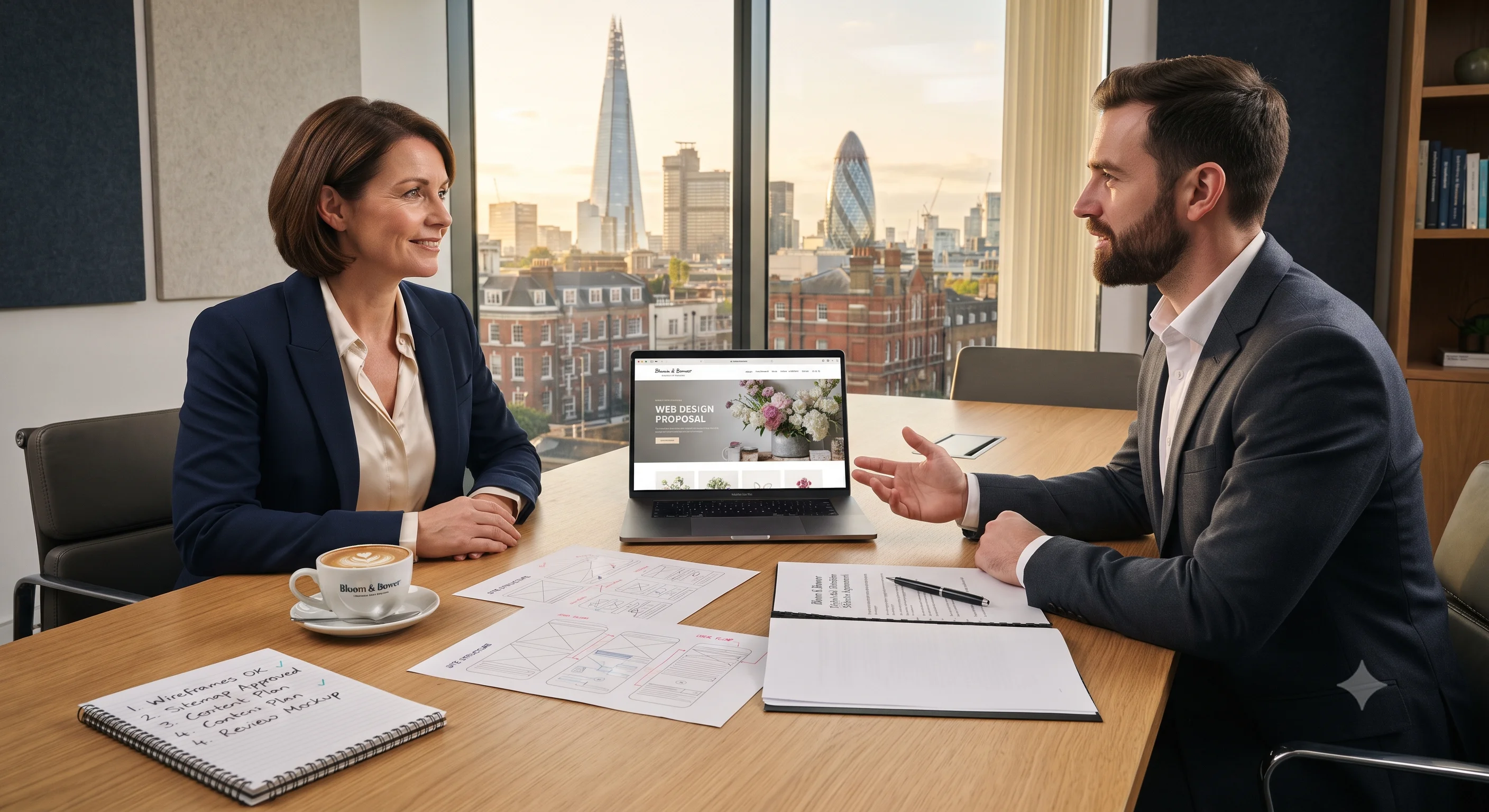 British small business owner meeting with web design agency representative reviewing website mockups and contract documents in a modern UK office
