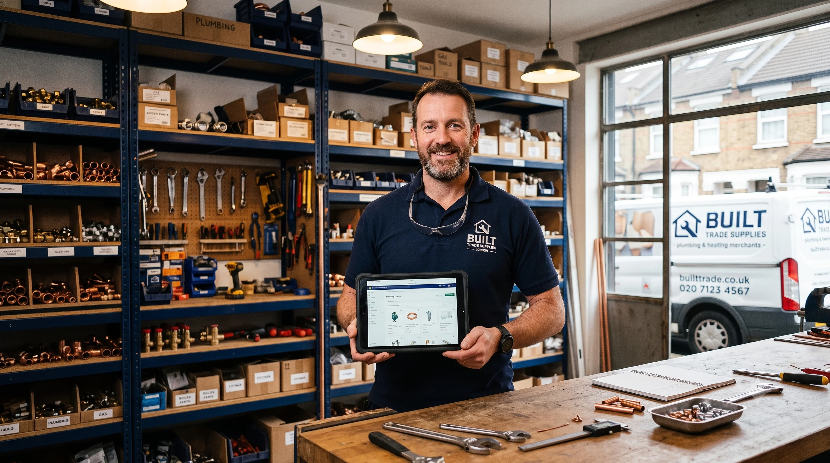 British tradesman reviewing a Shopify online store dashboard on a tablet in a professional workshop