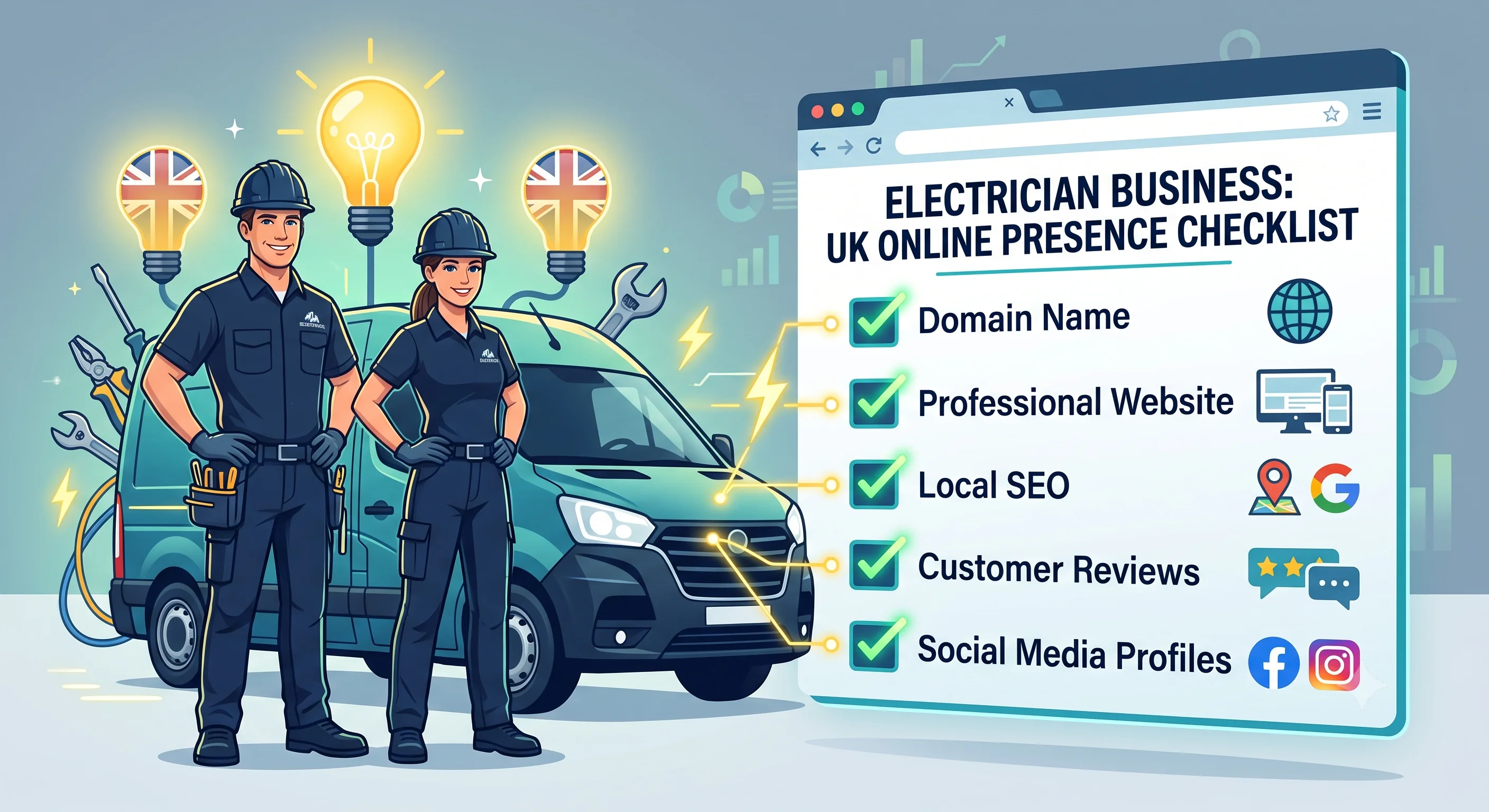 A professional vector infographic illustrating "How to Start an Electrician Business in the UK." The image is a split composition showing tradespeople and a van with tools on the left, connected by glowing electrical wires to a large digital browser window on the right. The window displays a stylized "UK ONLINE PRESENCE CHECKLIST" with clear green ticks next to icons representing Domain Name, Website, Local SEO, Customer Reviews, and Social Media. The color scheme is deep blue, teal, and yellow.