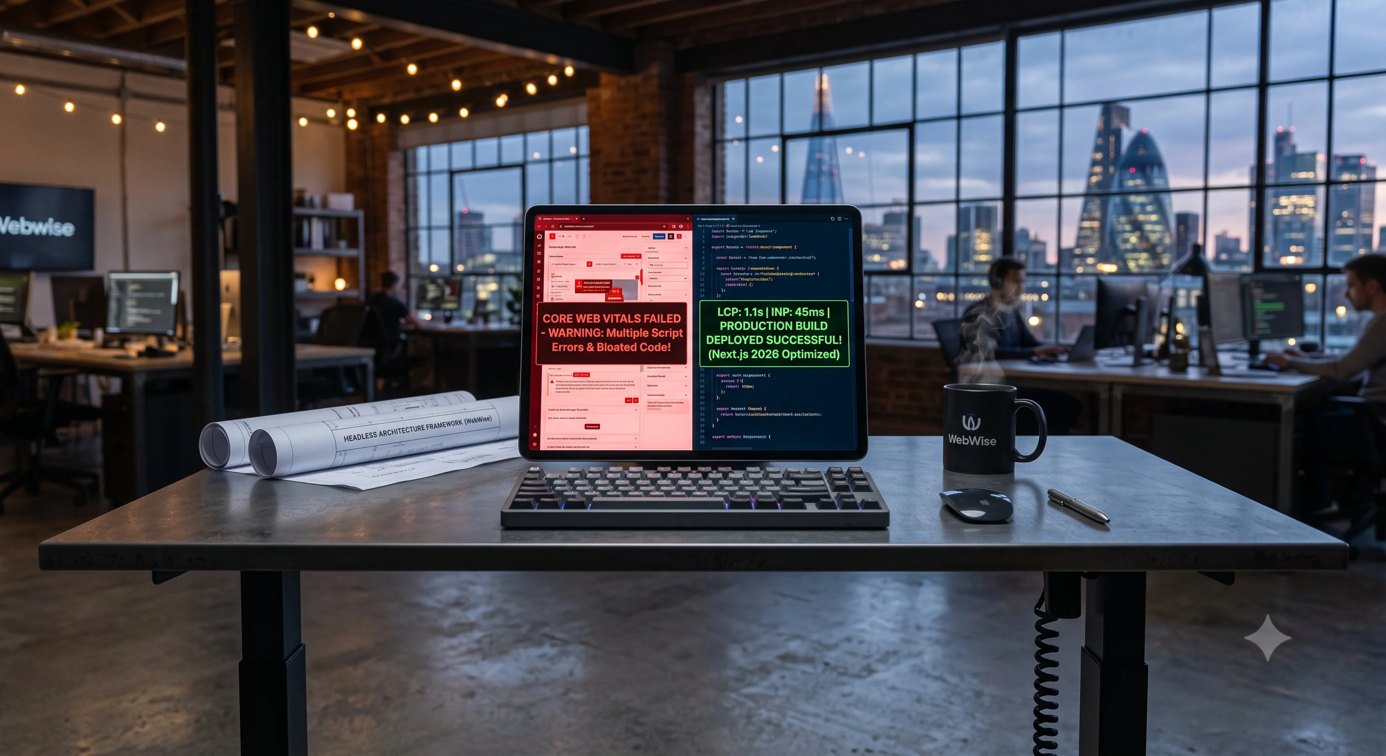 A digital tablet on a steel standing desk within a tech office illustrating a split-screen comparison between a slow, failing template website and a clean, custom-coded Next.js application passing 2026 Core Web Vitals.