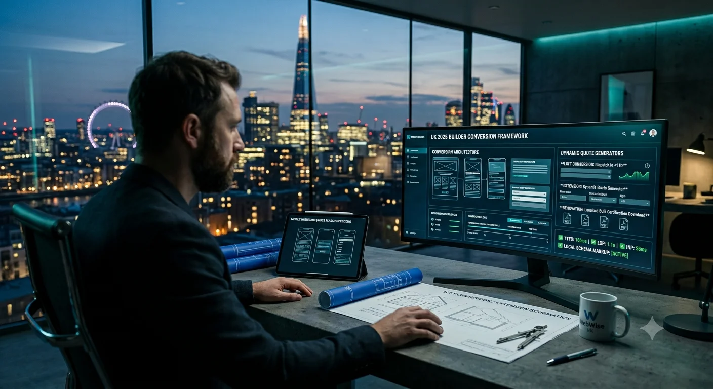 A modern London architectural office over-the-shoulder view of a glowing monitor displaying a complete guide to high-converting UK builder website design in 2026, showing specific funnel metrics for loft conversions, extensions, and high-value renovations next to the twilight London skyline.