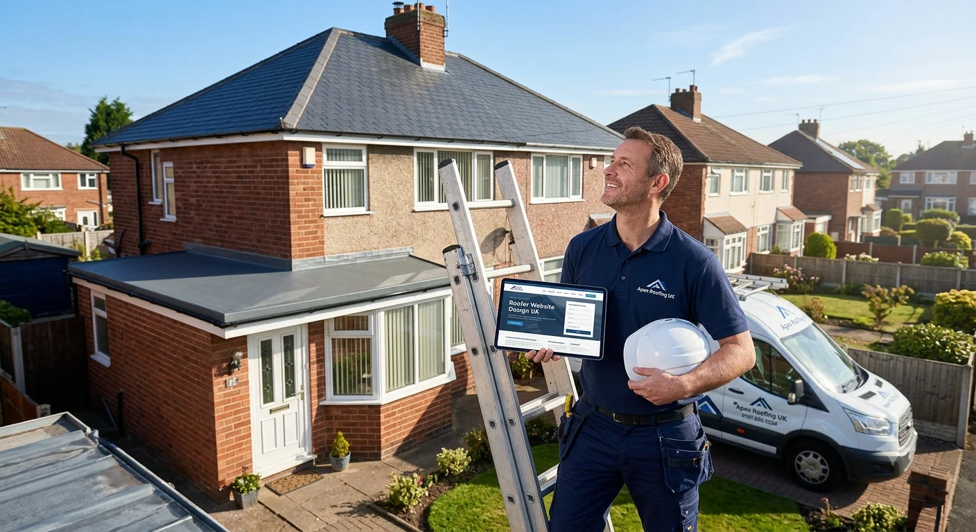 A professional roofer in a branded uniform standing beside a ladder at a UK residential property, holding a white safety helmet and a digital tablet displaying a roofing website design. A branded work van and a newly finished slate and flat roof are visible in the background under a clear blue sky.