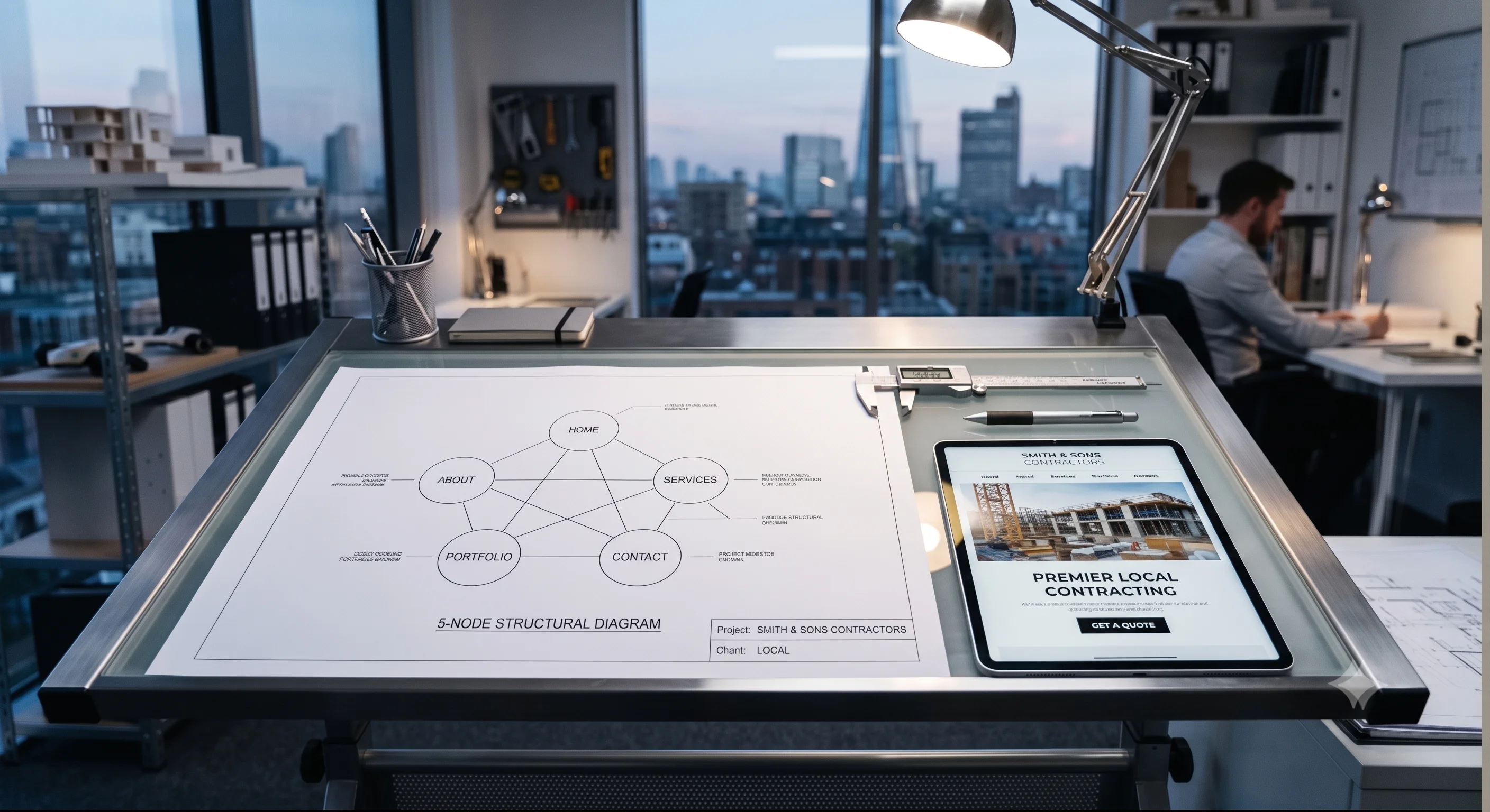 A modern steel drafting table holding a 5-node structural diagram blueprint, a digital caliper, a stylus, and a tablet displaying a 5-page contracting website layout, with a city skyline at dusk in the background.