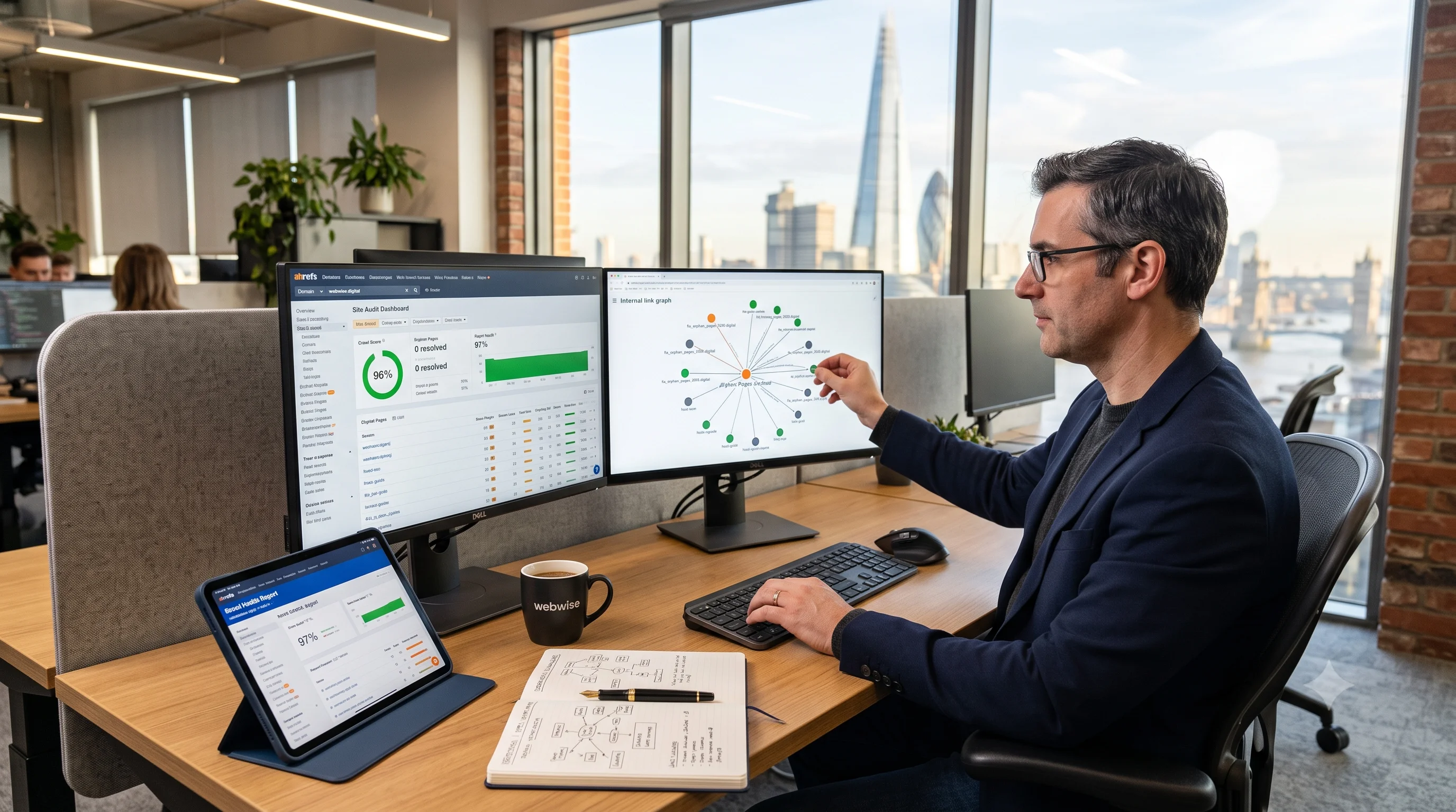 Senior technical SEO engineer at a modern London studio workstation reviewing an Ahrefs site audit dashboard and interactive internal link node graph on dual monitors to resolve orphan page errors, with a tablet, coffee mug, and architecture notes on an oak desk overlooking the London skyline.