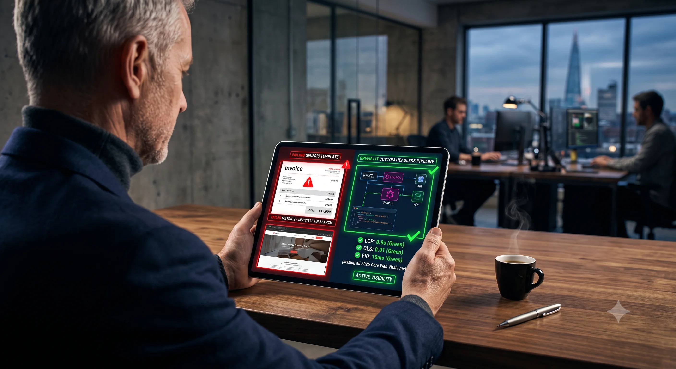 An agency founder reviewing a detailed website cost breakdown and performance architecture blueprint on a digital tablet at a modern walnut desk.