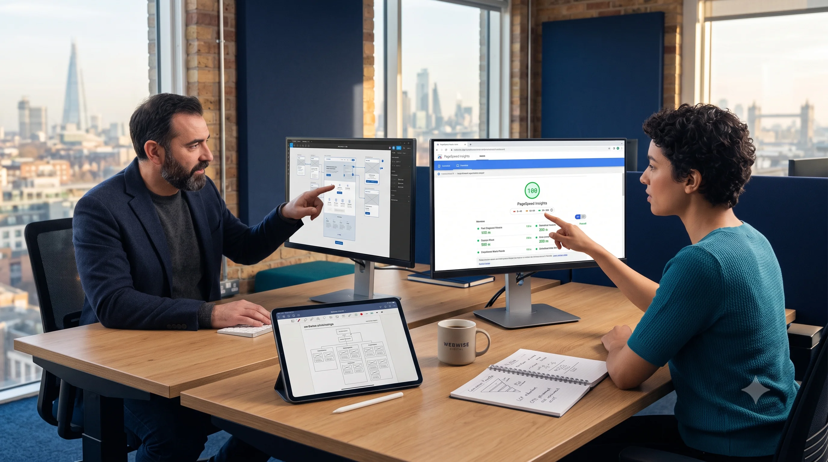 Senior UI/UX designer and web architect analyzing side-by-side visual layouts comparing an unaligned amateur website structure with a high-performance professional web interface.