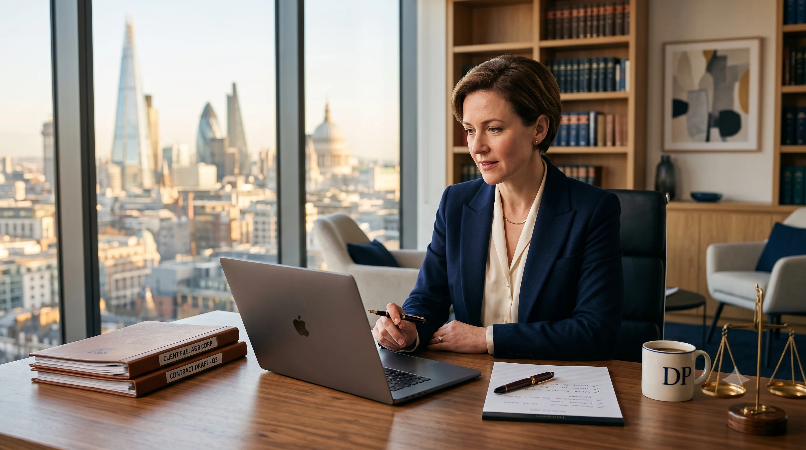 Professional female solicitor reviewing legal documents at a modern office desk with laptop and Lady Justice statue, representing UK solicitor website design and SRA compliance