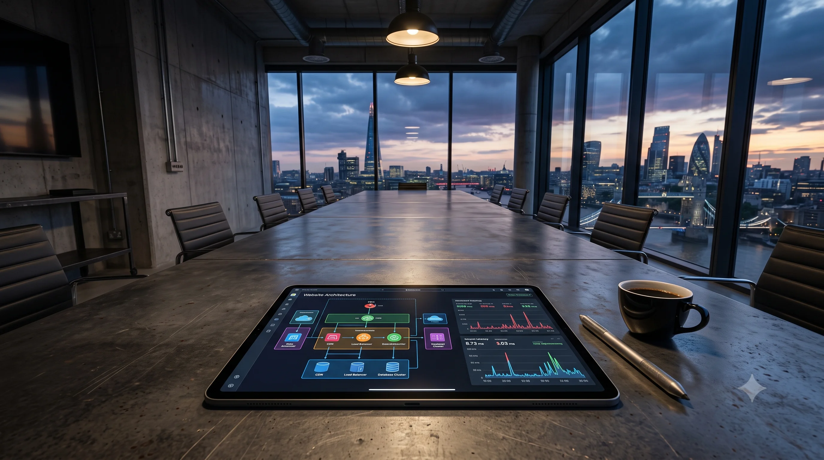 A glowing digital tablet displaying website architecture wireframes and server performance analytics on a raw steel boardroom table, with the London skyline visible through large windows in the background.