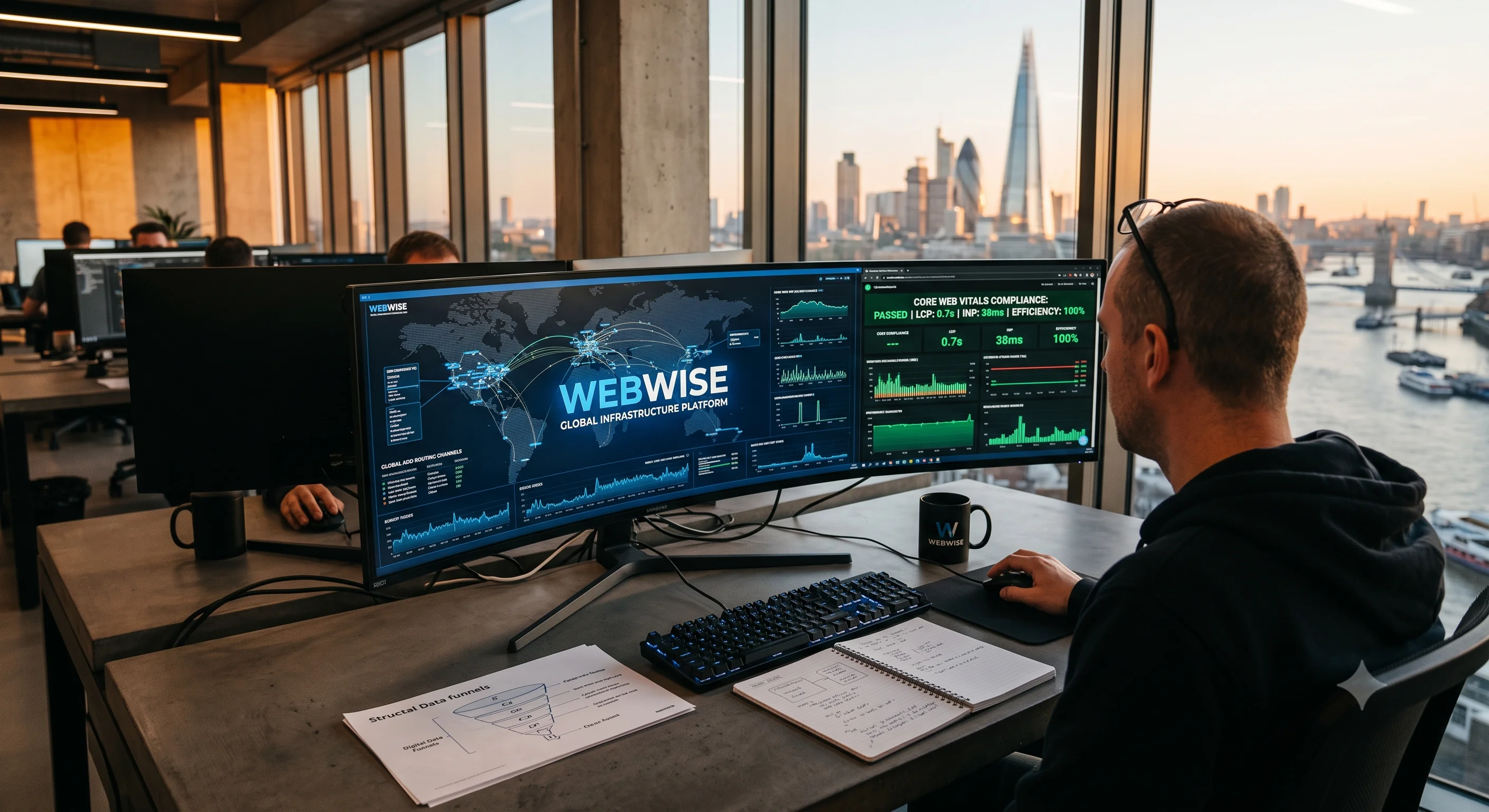 An over-the-shoulder view of a lead software engineer analyzing a global edge network deployment on a curved dual-monitor setup showing passing 2026 Core Web Vitals and a custom headless architecture wireframe for WebWise digital agency against a blurred London skyline background at sunset.