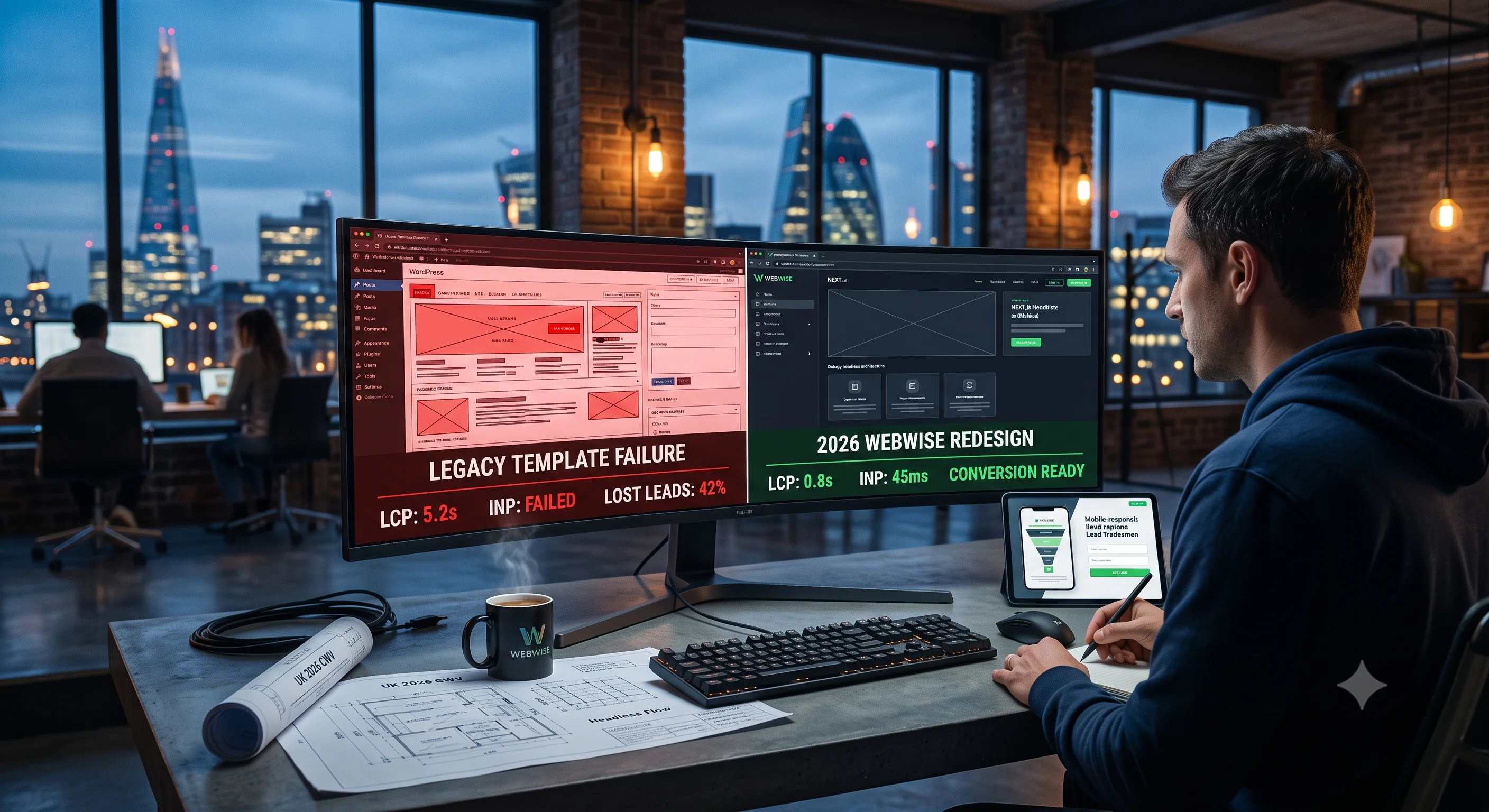 An over-the-shoulder view of a lead technical strategist in a modern London studio analyzing a website redesign audit on a curved monitor, directly comparing a failing, slow legacy template against a high-performance, Next.js headless architecture framework with passing 2026 Core Web Vitals.