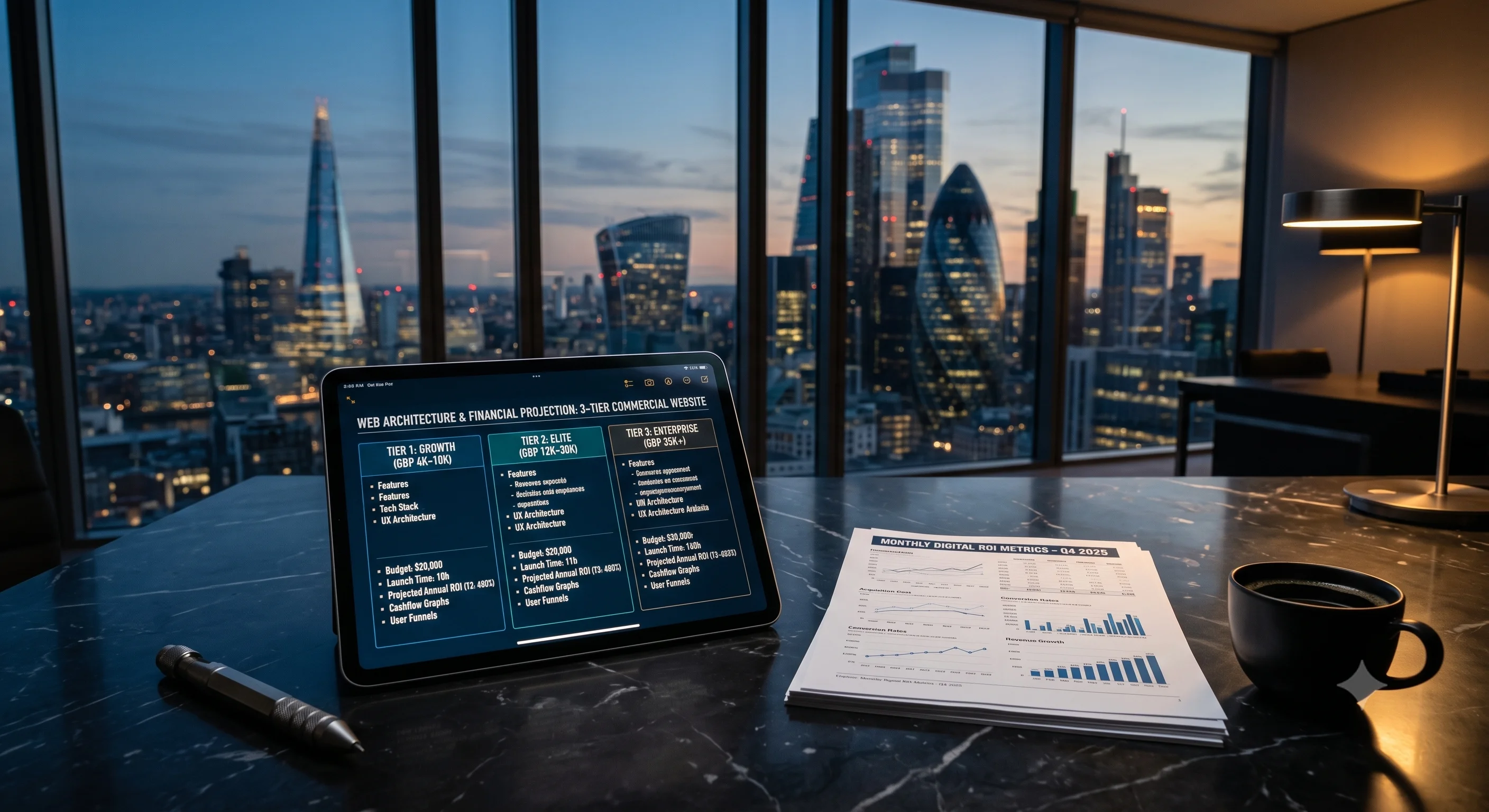 A glowing digital tablet displaying a three-tier web architecture and financial projection on a dark marble desk, next to printed digital ROI metric reports, a stylus, and a black coffee cup, with the London skyline at dusk in the background.
