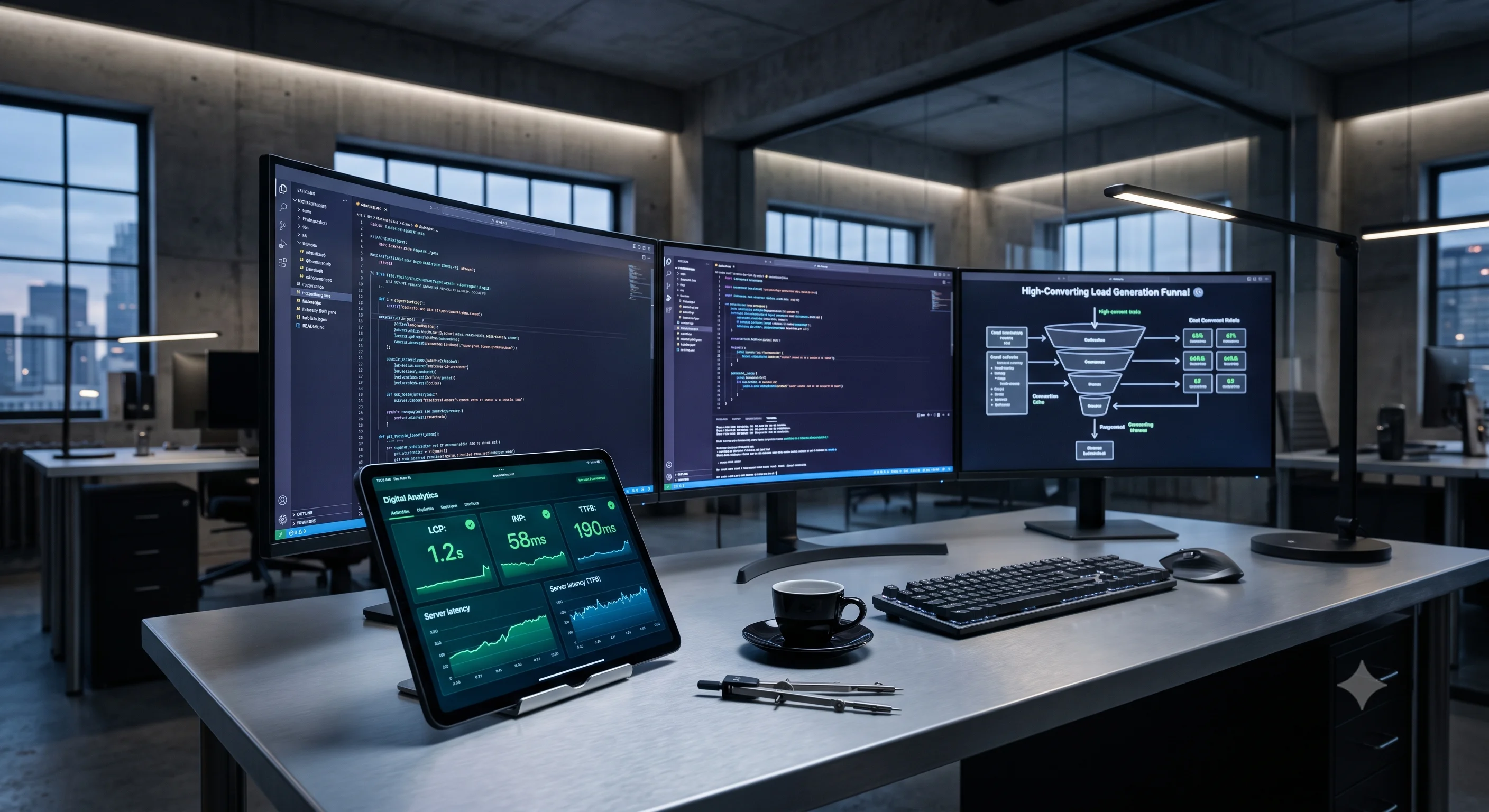 A sleek multi-monitor setup displaying back-end code, website wireframes, and Core Web Vitals server metrics on a brushed aluminum desk, representing elite web design services.